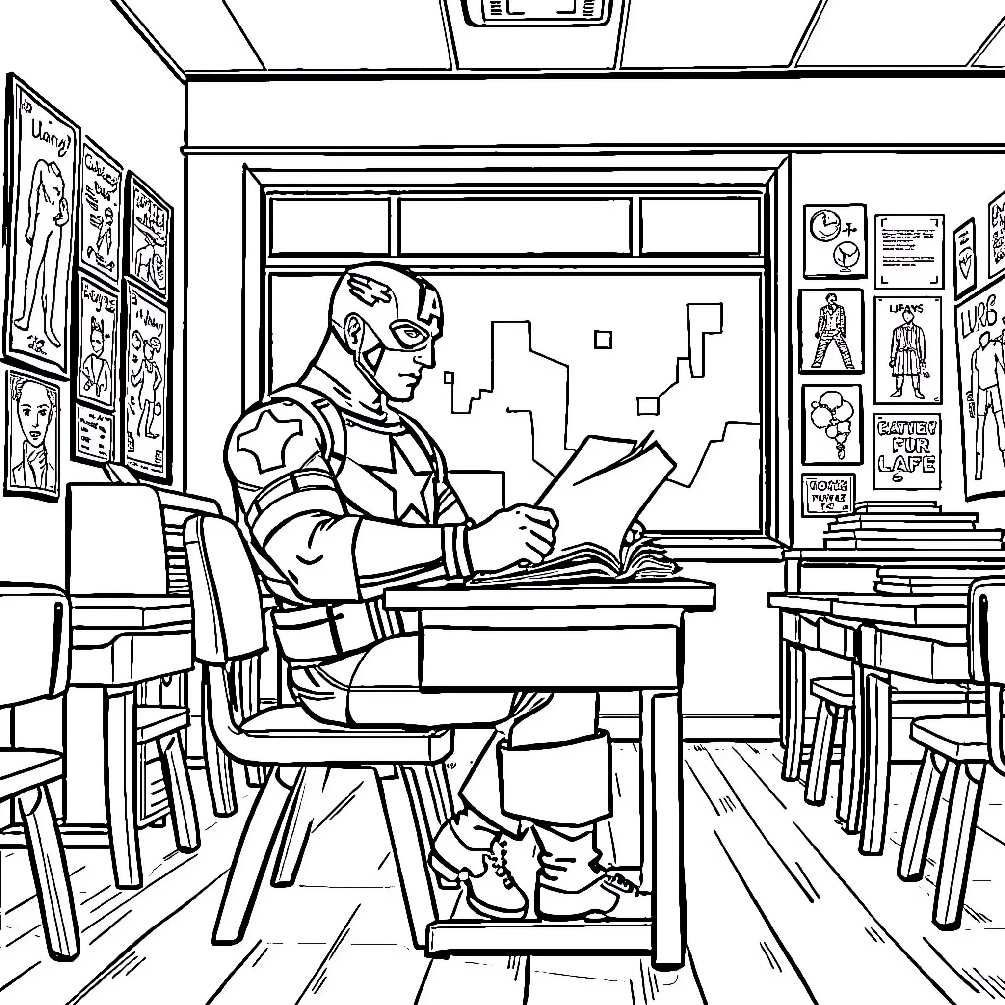 Captain America Studying in the Classroom Coloring Page (free black-and-white line drawing printable PDF for all, from beginners to advanced learners, including children, teens, adults, and seniors)
