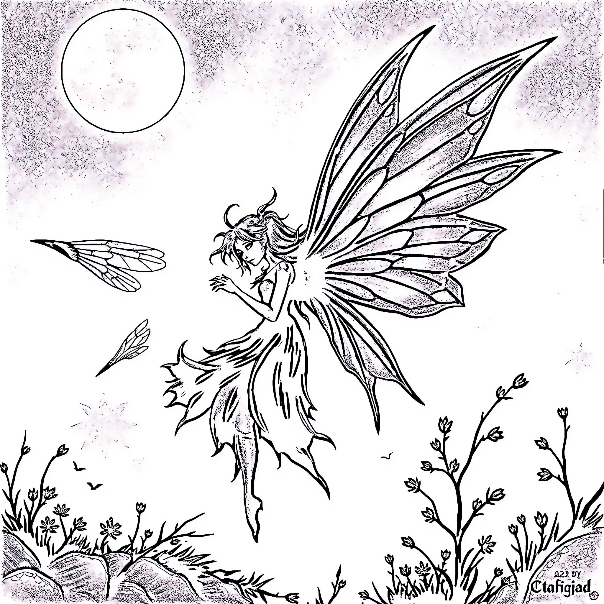 Fairy dancing gracefully in the moonlit meadow Coloring Page (free black-and-white line drawing printable PDF for all, from beginners to advanced learners, including children, teens, adults, and seniors)