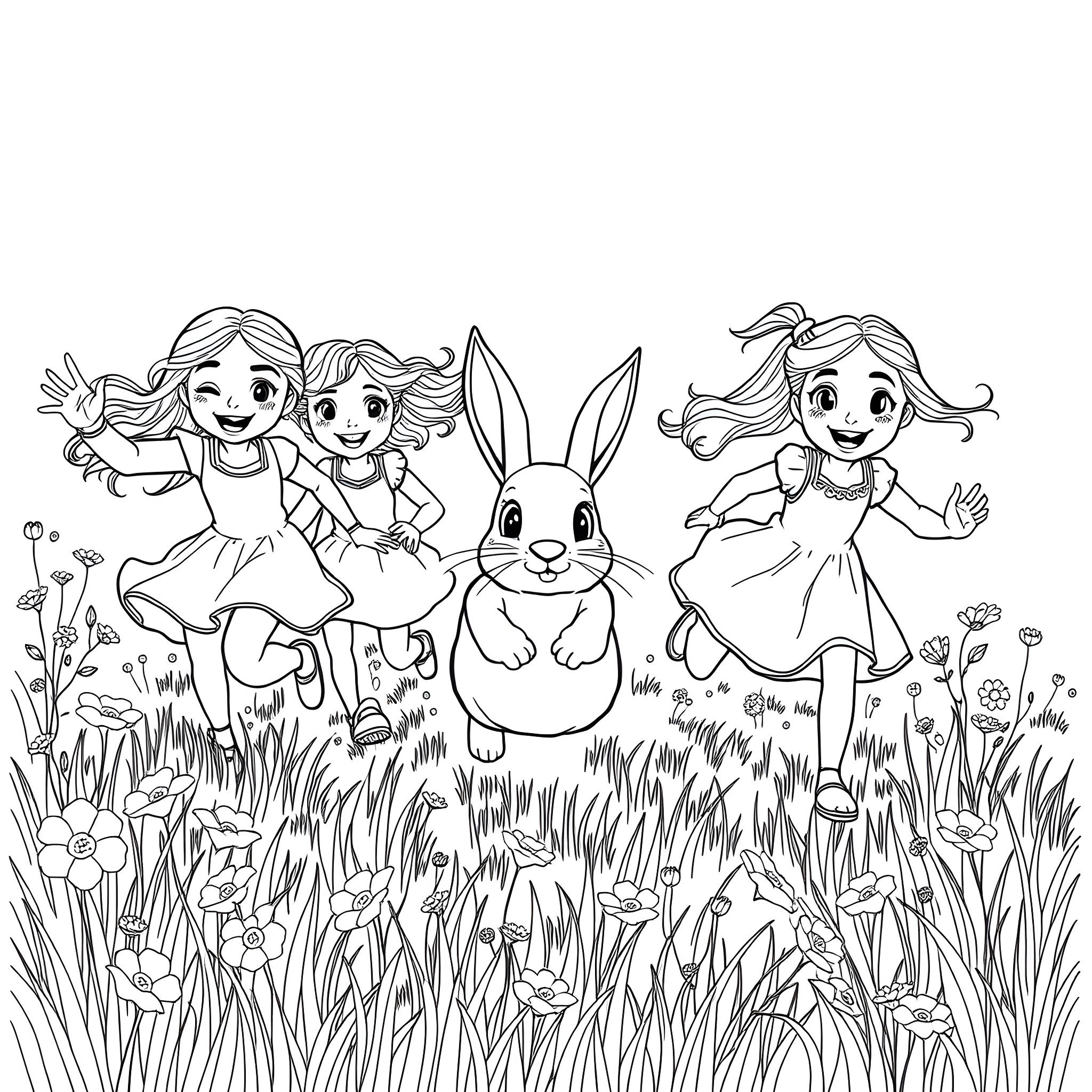 Girls playing with a happy bunny in the meadow Coloring Page (free black-and-white line drawing printable PDF for all, from beginners to advanced learners, including children, teens, adults, and seniors)