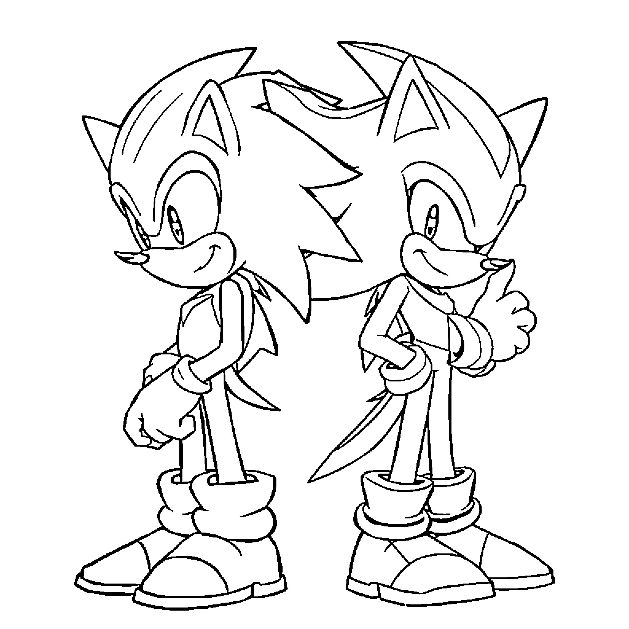 Sonic Duo Posing Confidently Coloring Page (free black-and-white line drawing printable PDF for all, from beginners to advanced learners, including children, teens, adults, and seniors)
