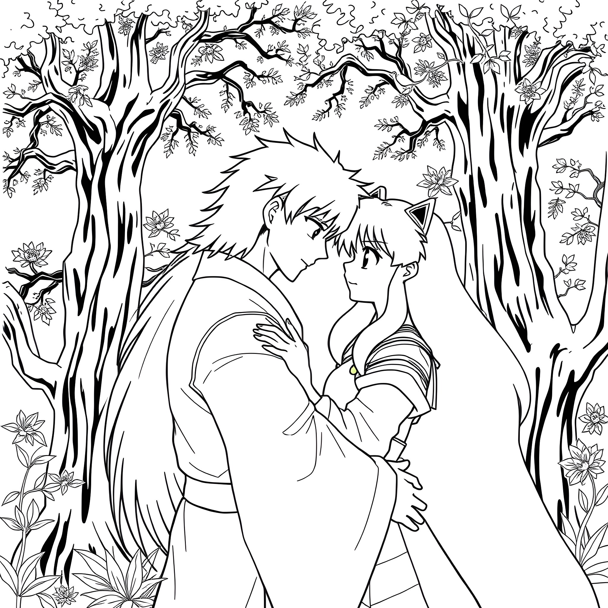 Inuyasha and Kagome in a Serene Forest Coloring Page (free black-and-white line drawing printable PDF for all, from beginners to advanced learners, including children, teens, adults, and seniors)