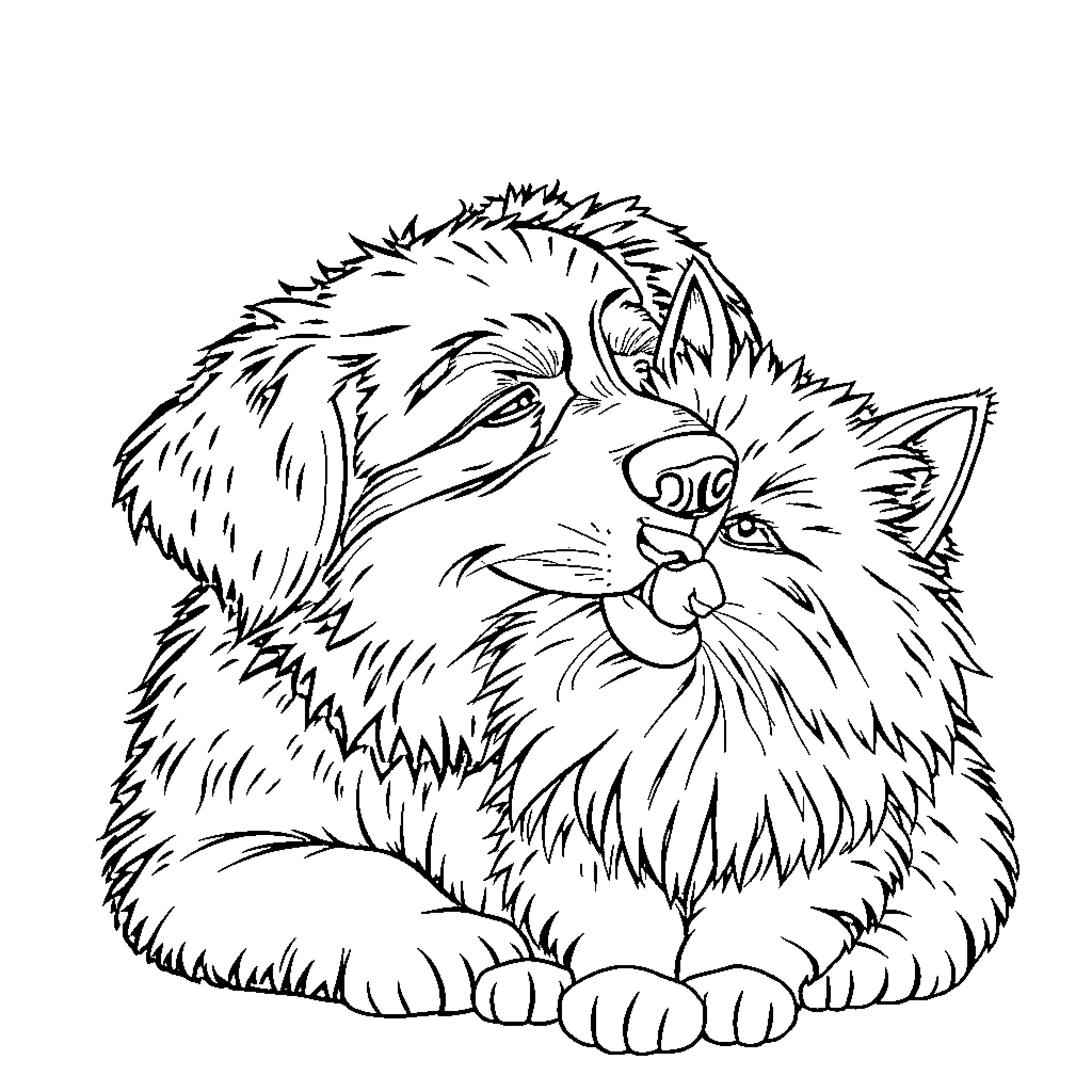 Dog Resting Calmly on the Ground Coloring Page (free black-and-white line drawing printable PDF for all, from beginners to advanced learners, including children, teens, adults, and seniors)