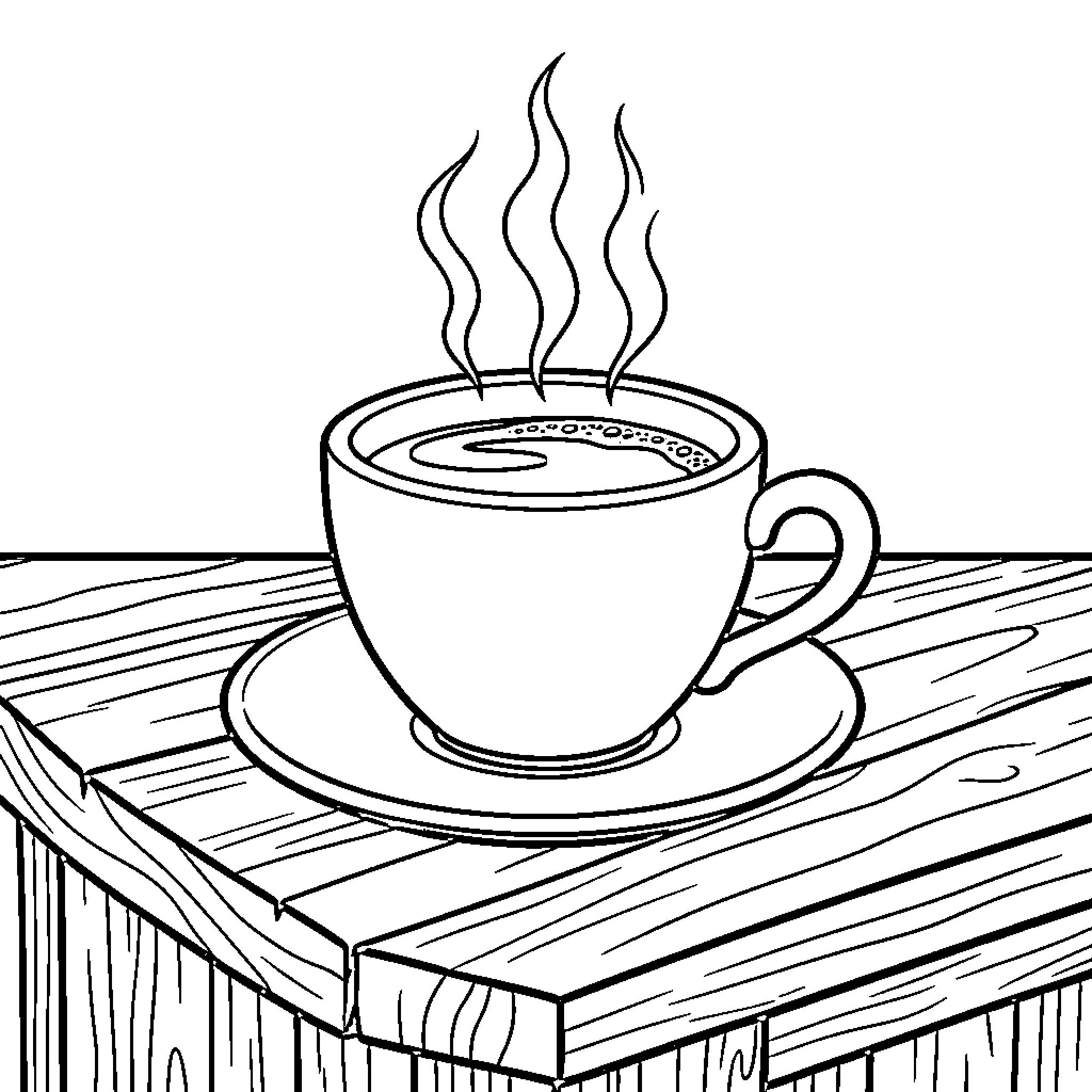 Coffee cup on a wooden table Coloring Page (free black-and-white line drawing printable PDF for all, from beginners to advanced learners, including children, teens, adults, and seniors)