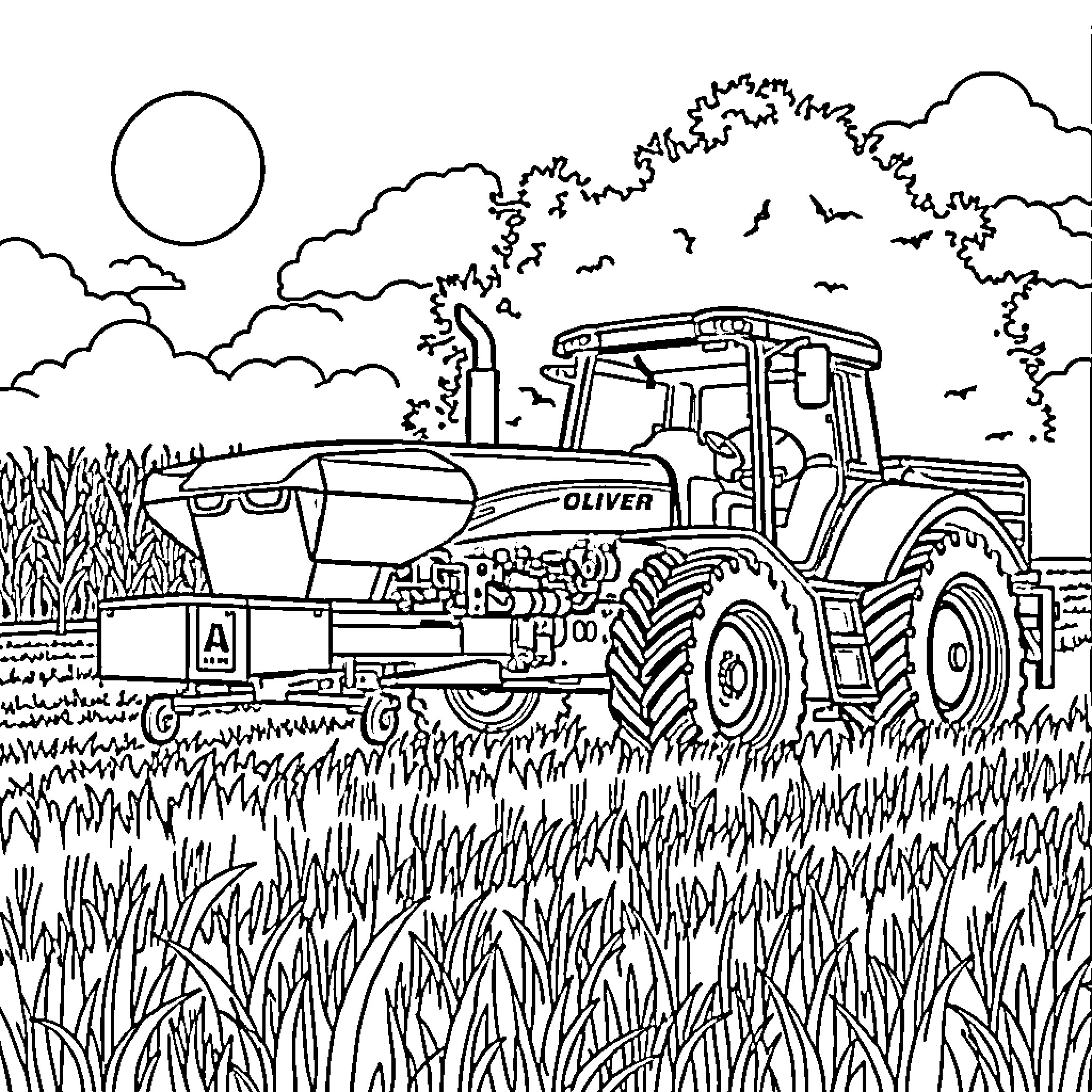 Tractor plowing through a grassy field on a cloudy day Coloring Page (free black-and-white line drawing printable PDF for all, from beginners to advanced learners, including children, teens, adults, and seniors)