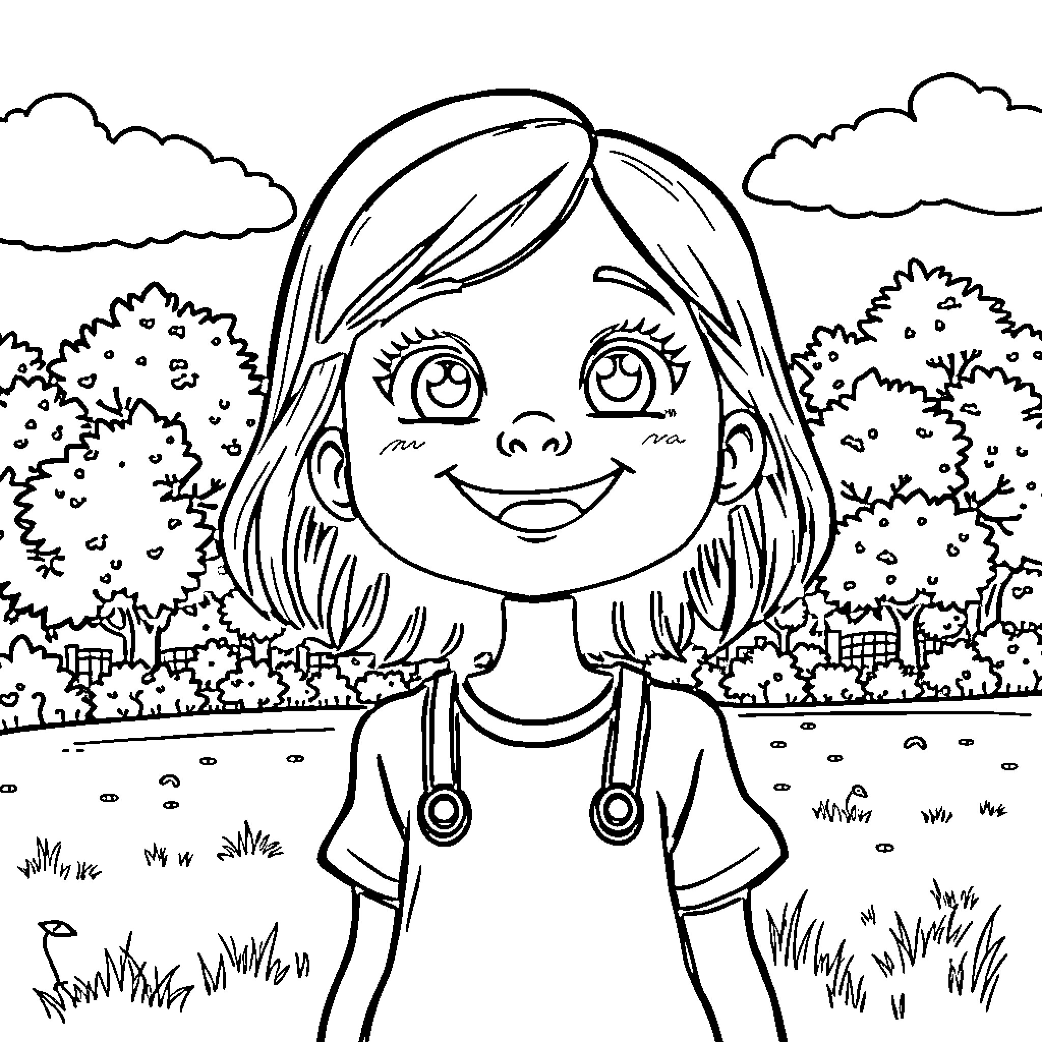 Lucy smiling happily in the outdoor park Coloring Page (free black-and-white line drawing printable PDF for all, from beginners to advanced learners, including children, teens, adults, and seniors)