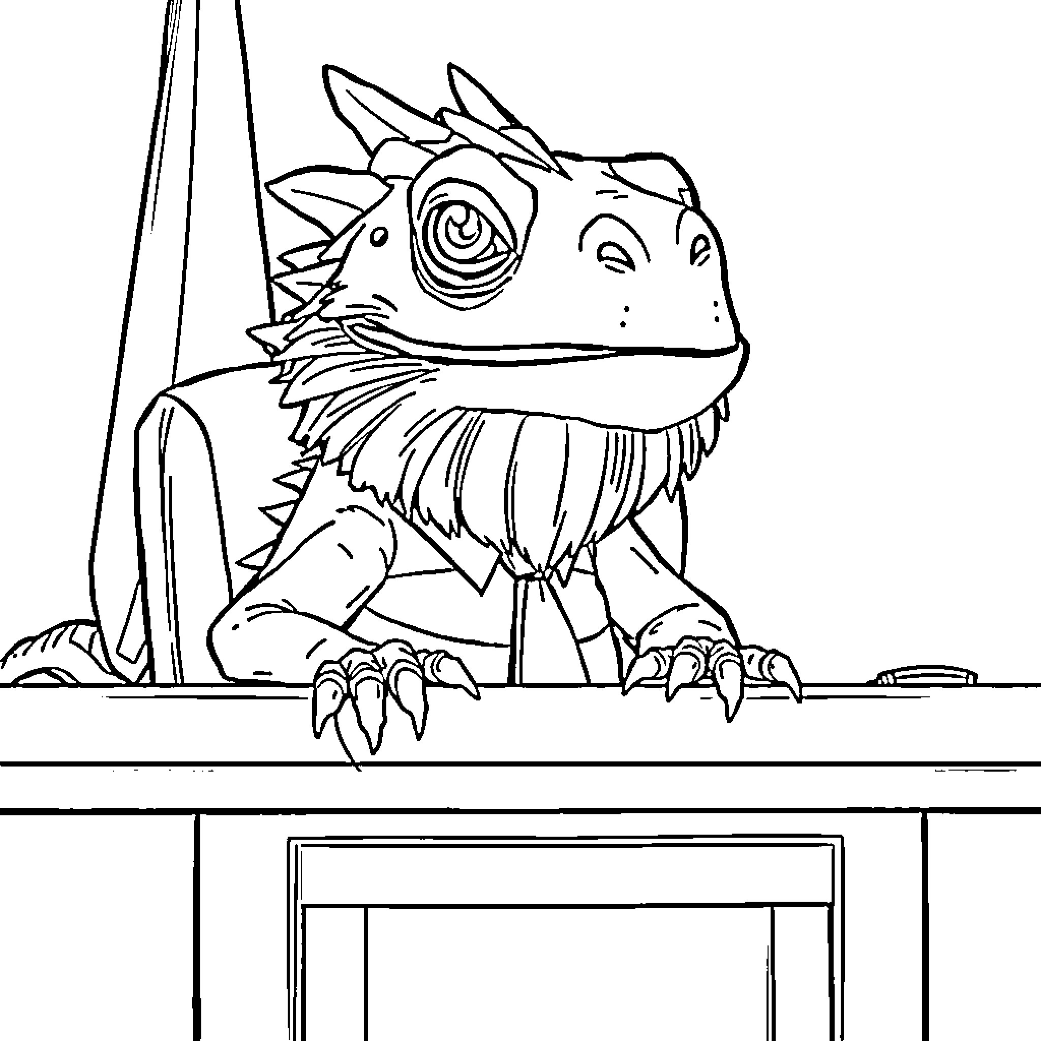 Bearded Dragon peeking curiously from behind a table Coloring Page (free black-and-white line drawing printable PDF for all, from beginners to advanced learners, including children, teens, adults, and seniors)