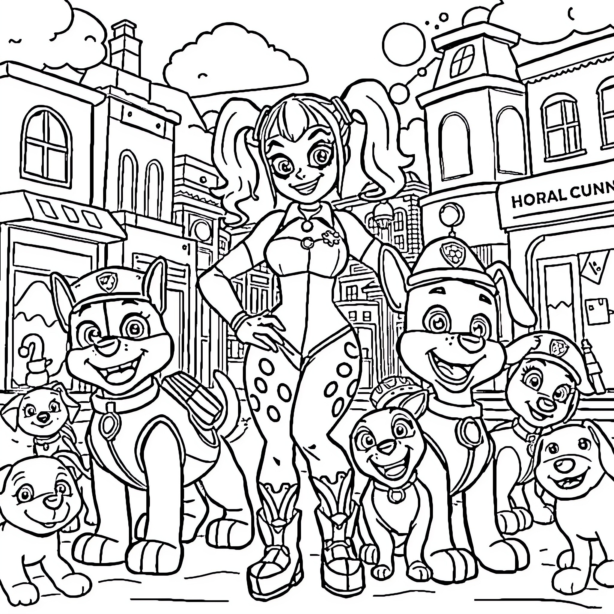 Harley Quinn's Animated Adventure with Paw Patrol Pups Coloring Page (free black-and-white line drawing printable PDF for all, from beginners to advanced learners, including children, teens, adults, and seniors)