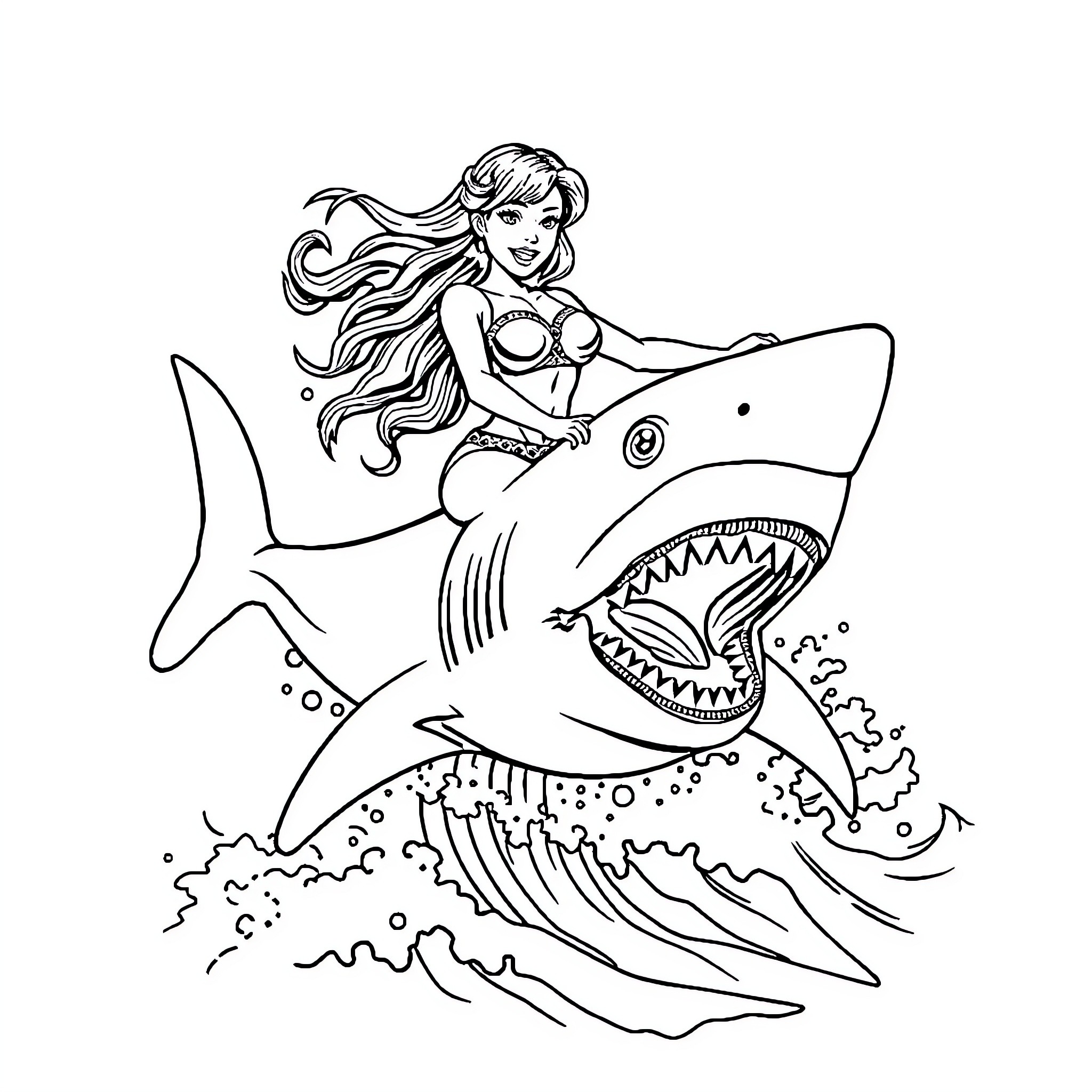 Pinup Girl Riding a Fierce Shark Coloring Page (free black-and-white line drawing printable PDF for all, from beginners to advanced learners, including children, teens, adults, and seniors)