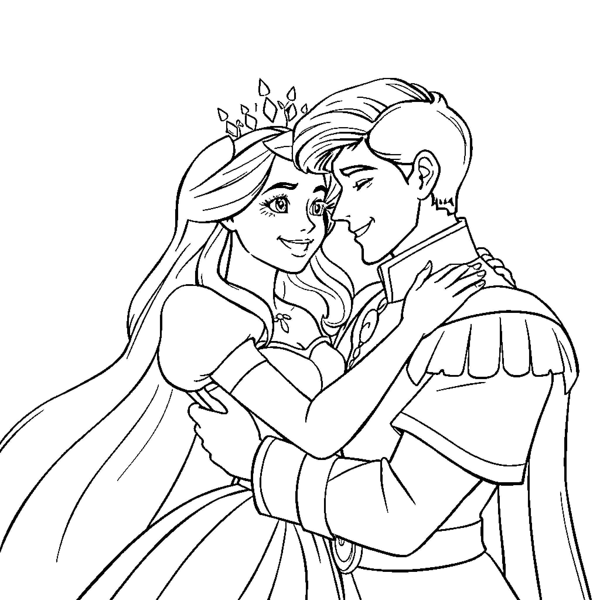 Princess and Prince in Loving Embrace Coloring Page (free black-and-white line drawing printable PDF for all, from beginners to advanced learners, including children, teens, adults, and seniors)