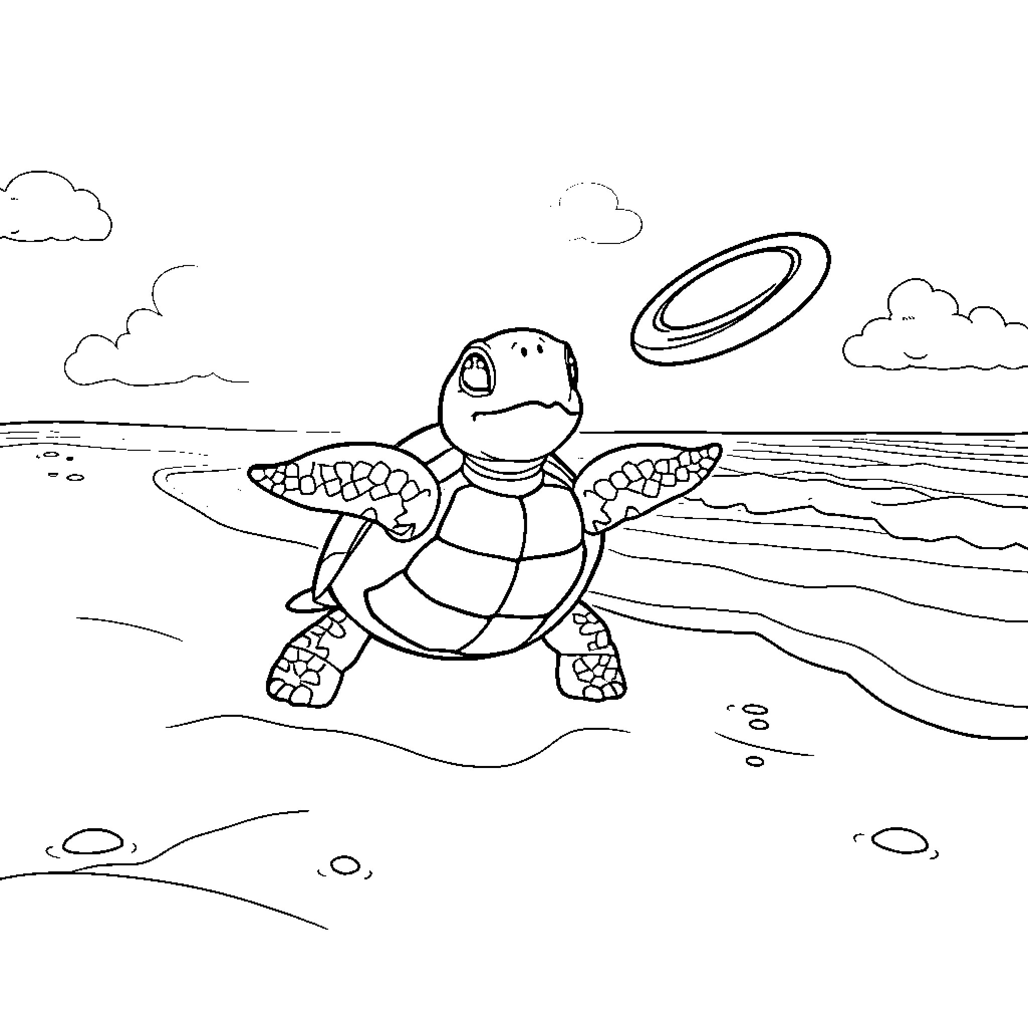 Turtle playing with a frisbee on the beach Coloring Page (free black-and-white line drawing printable PDF for all, from beginners to advanced learners, including children, teens, adults, and seniors)
