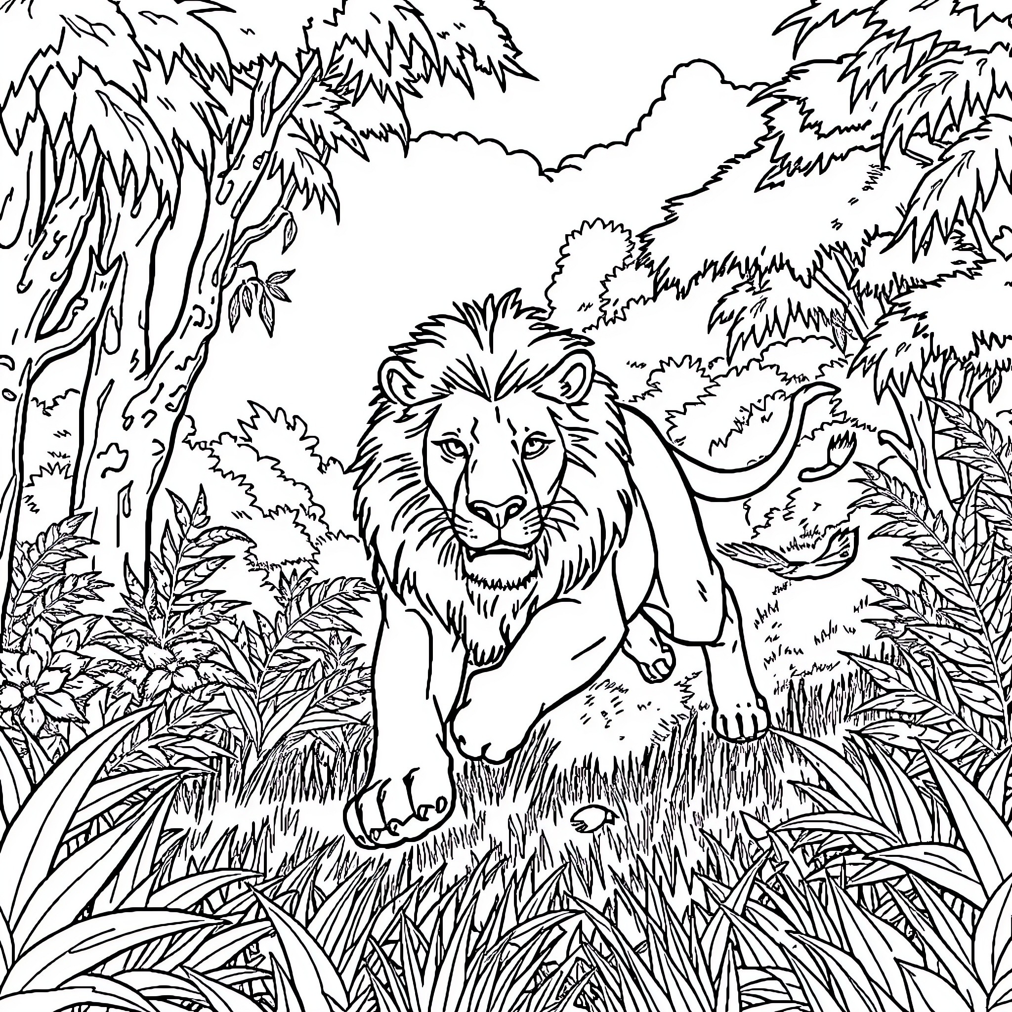Lion stalking through the dense jungle Coloring Page (free black-and-white line drawing printable PDF for all, from beginners to advanced learners, including children, teens, adults, and seniors)