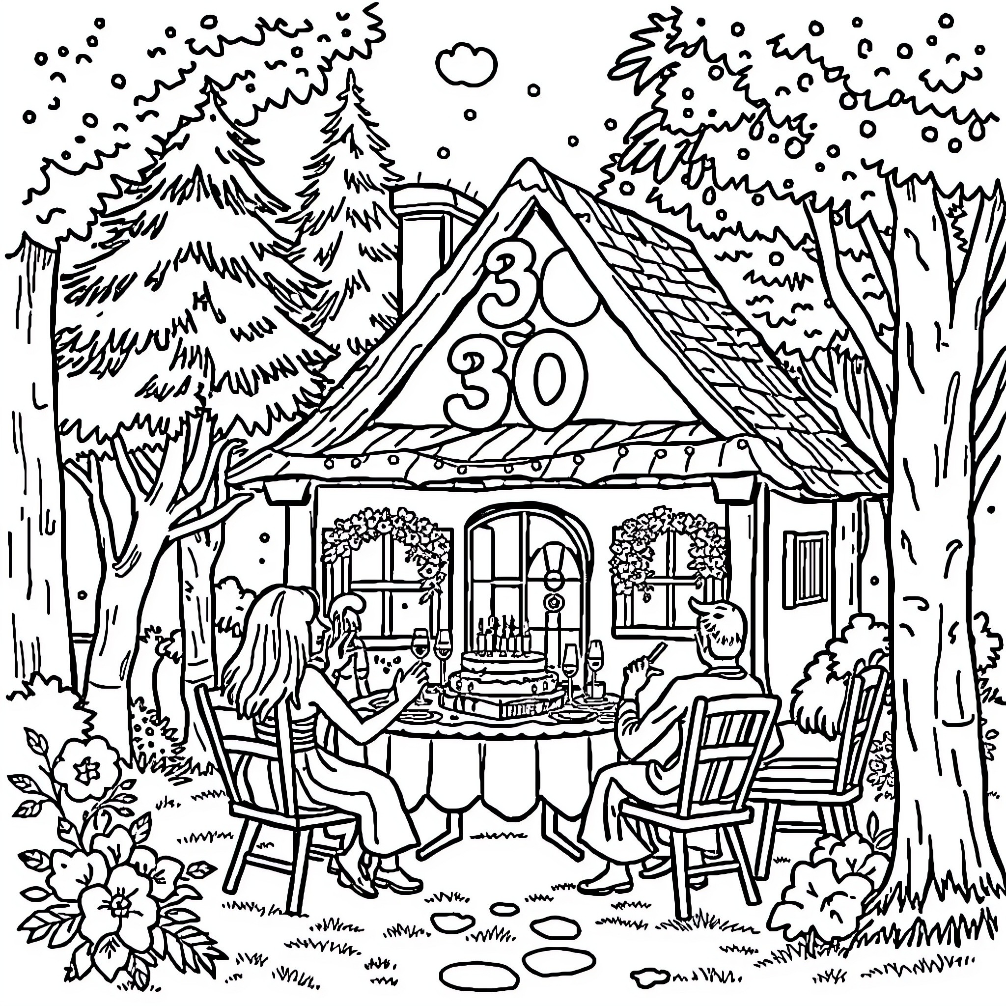 Birthday Party in a Cozy Winter Cabin Coloring Page (free black-and-white line drawing printable PDF for all, from beginners to advanced learners, including children, teens, adults, and seniors)