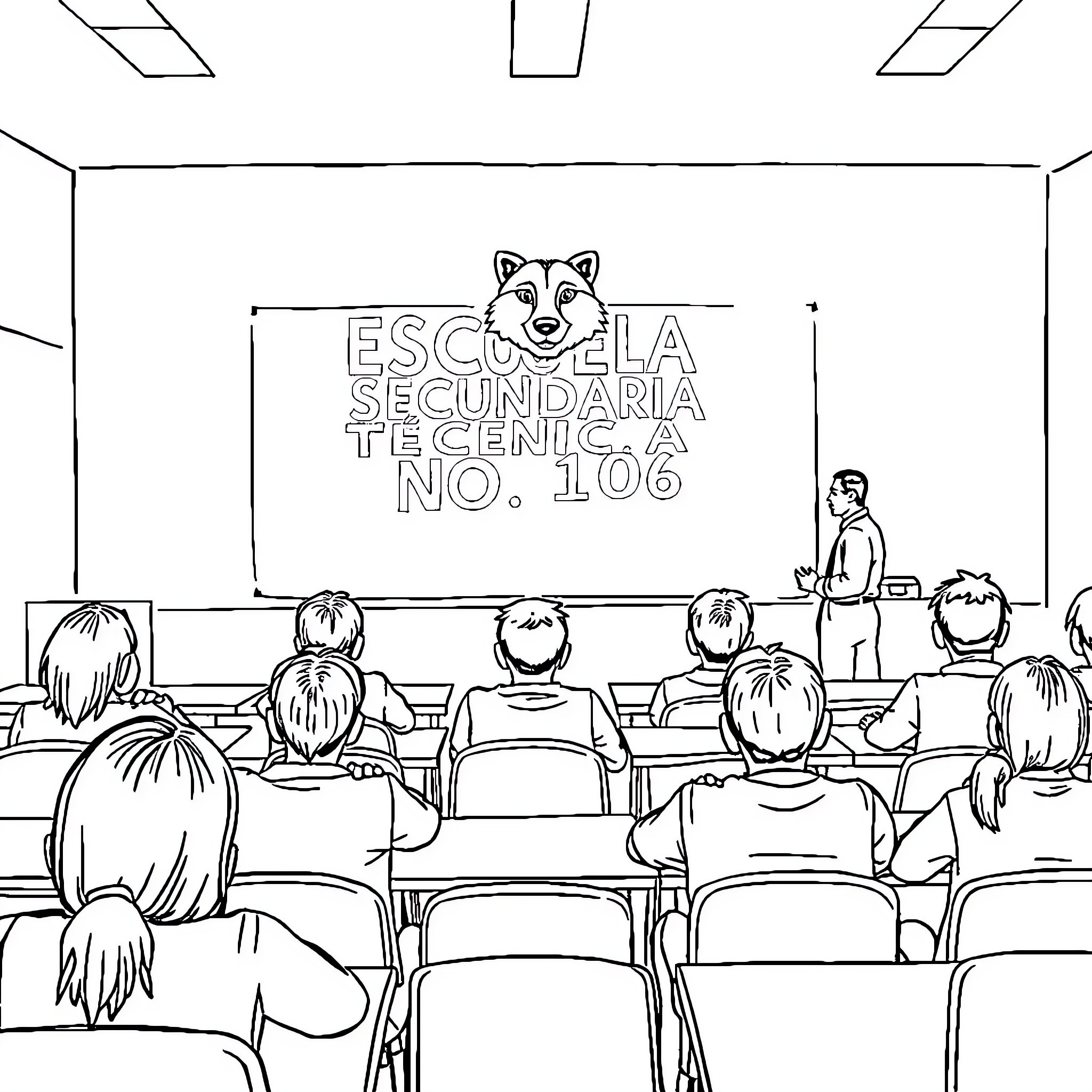 Classroom with students listening to teacher's presentation Coloring Page (free black-and-white line drawing printable PDF for all, from beginners to advanced learners, including children, teens, adults, and seniors)
