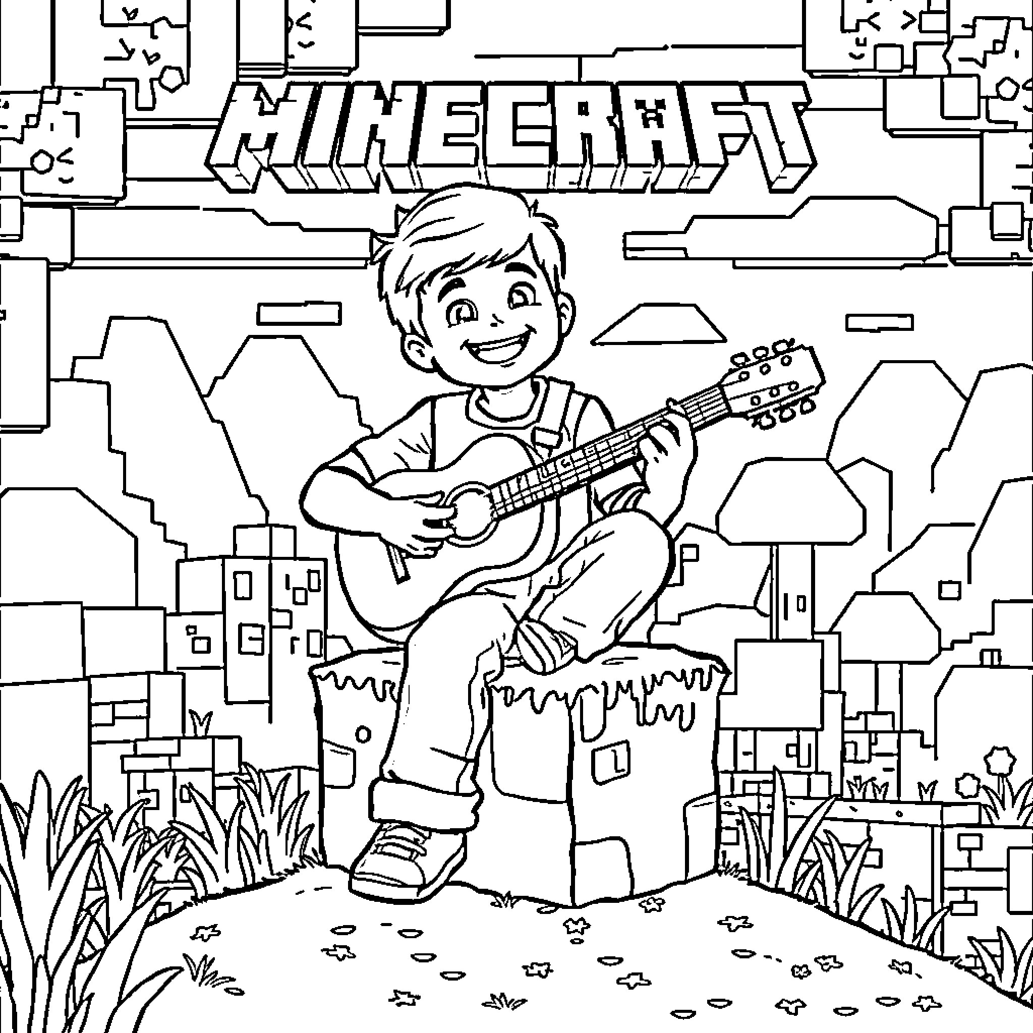 Boy Playing Guitar in Minecraft Landscape Coloring Page (free black-and-white line drawing printable PDF for all, from beginners to advanced learners, including children, teens, adults, and seniors)