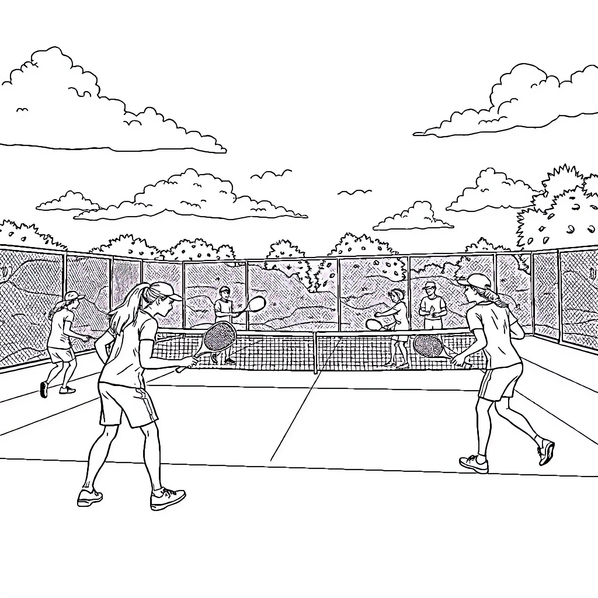 Person playing tennis on outdoor court Coloring Page (free black-and-white line drawing printable PDF for all, from beginners to advanced learners, including children, teens, adults, and seniors)