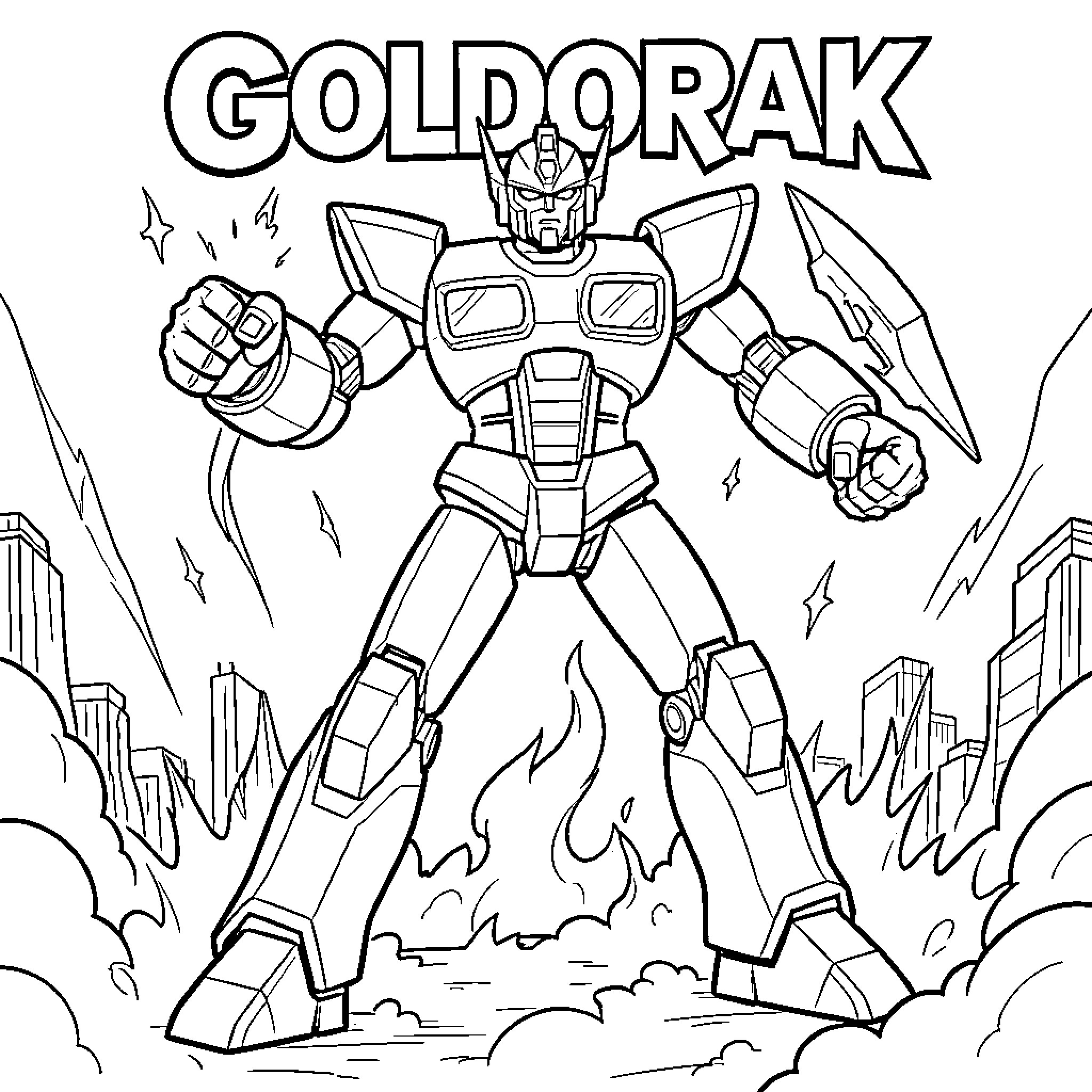 Goldorak standing powerfully amidst a city landscape Coloring Page (free black-and-white line drawing printable PDF for all, from beginners to advanced learners, including children, teens, adults, and seniors)