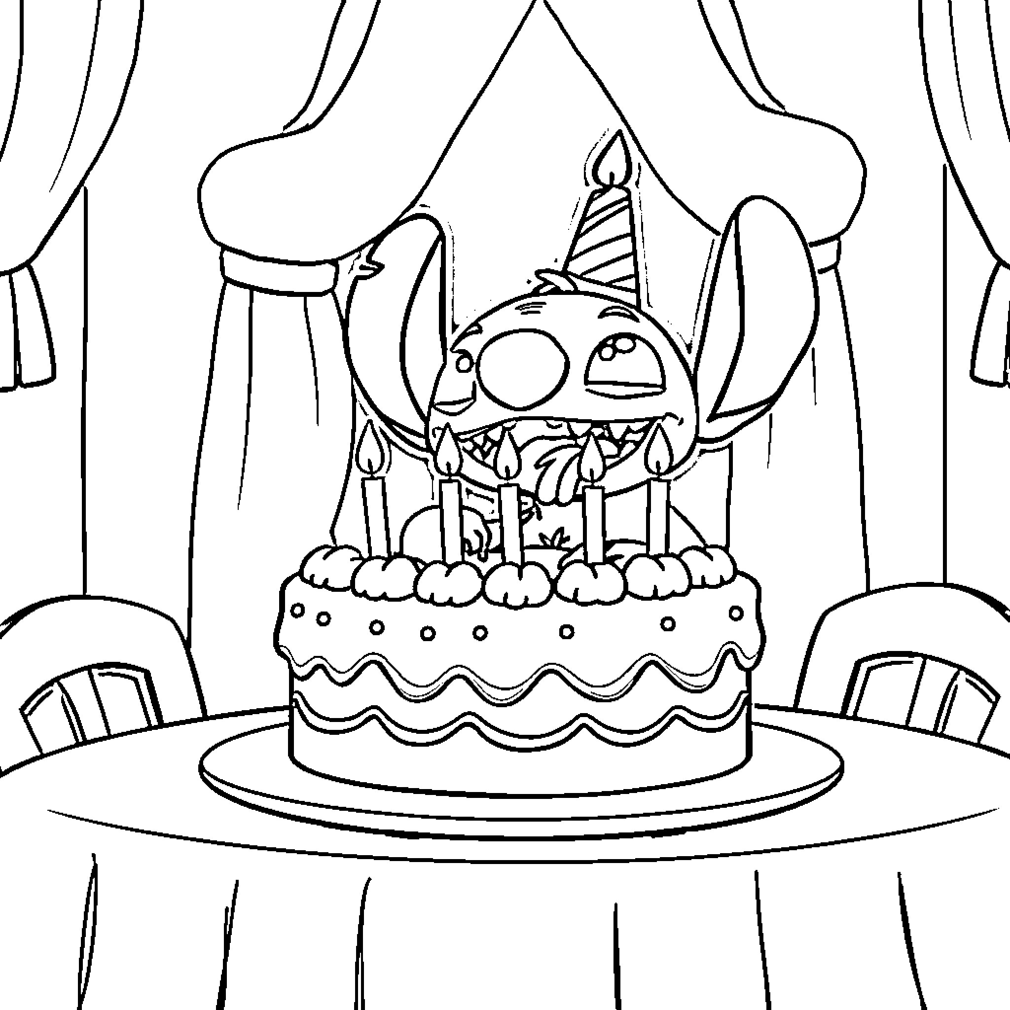 Stitch celebrating birthday with cake and party hat Coloring Page (free black-and-white line drawing printable PDF for all, from beginners to advanced learners, including children, teens, adults, and seniors)