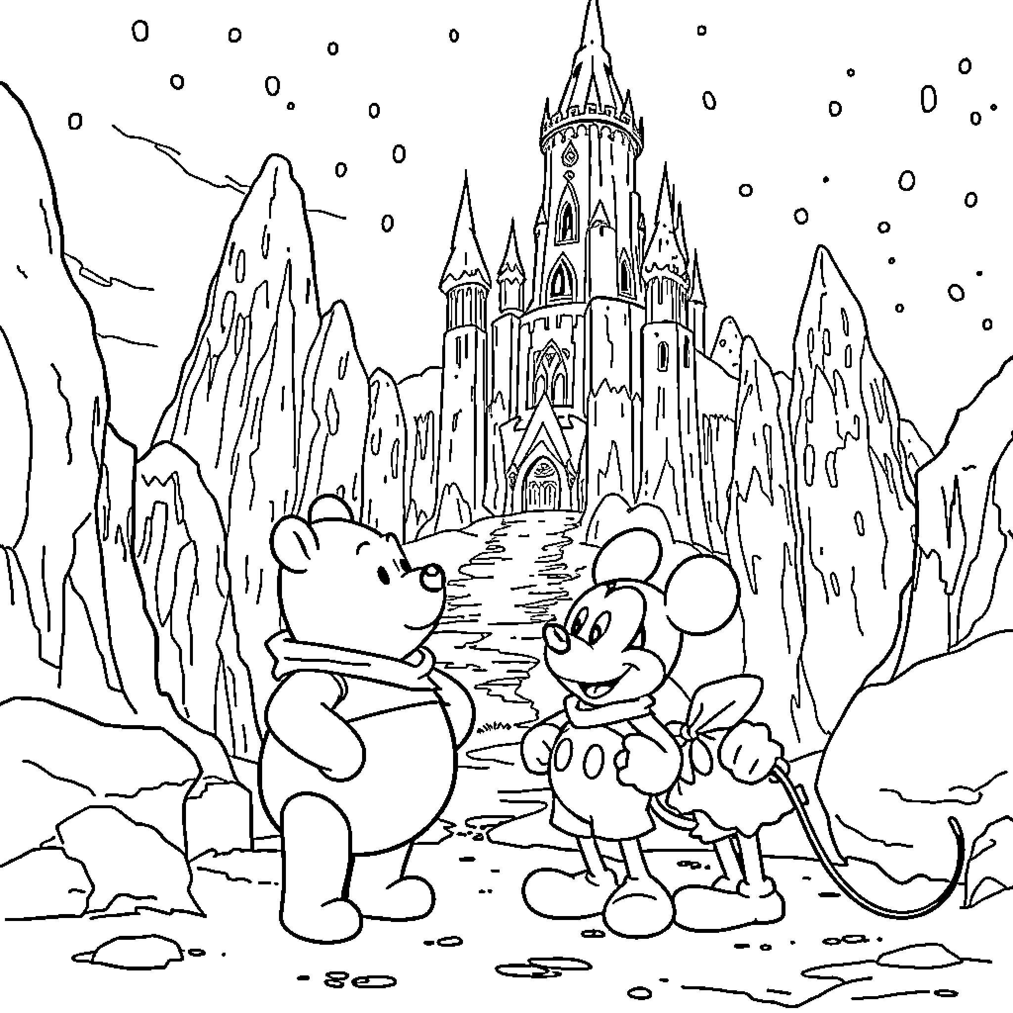 Winnie and Mickey's Winter Wonderland Adventure Coloring Page (free black-and-white line drawing printable PDF for all, from beginners to advanced learners, including children, teens, adults, and seniors)