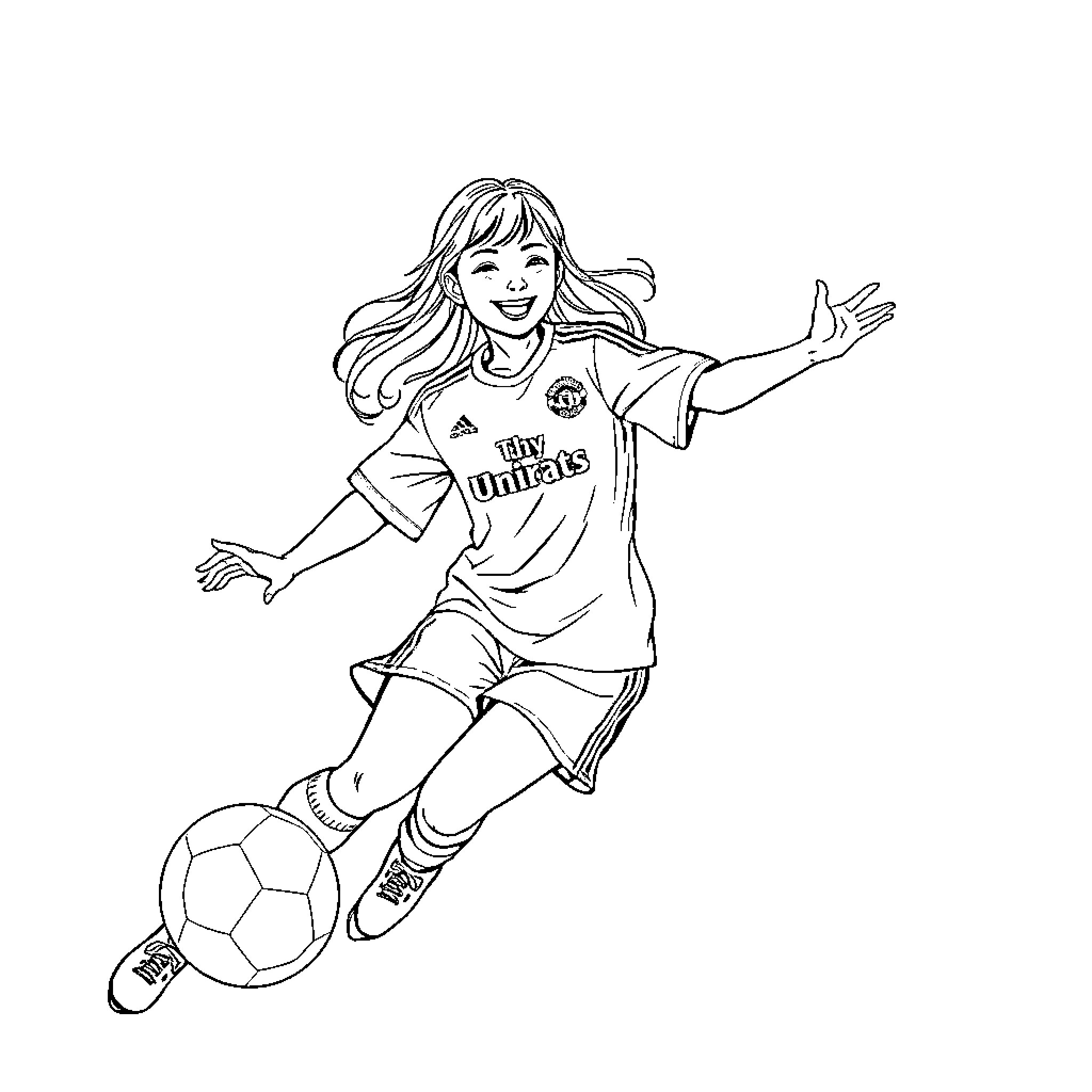 Rumi playing football enthusiastically Coloring Page (free black-and-white line drawing printable PDF for all, from beginners to advanced learners, including children, teens, adults, and seniors)