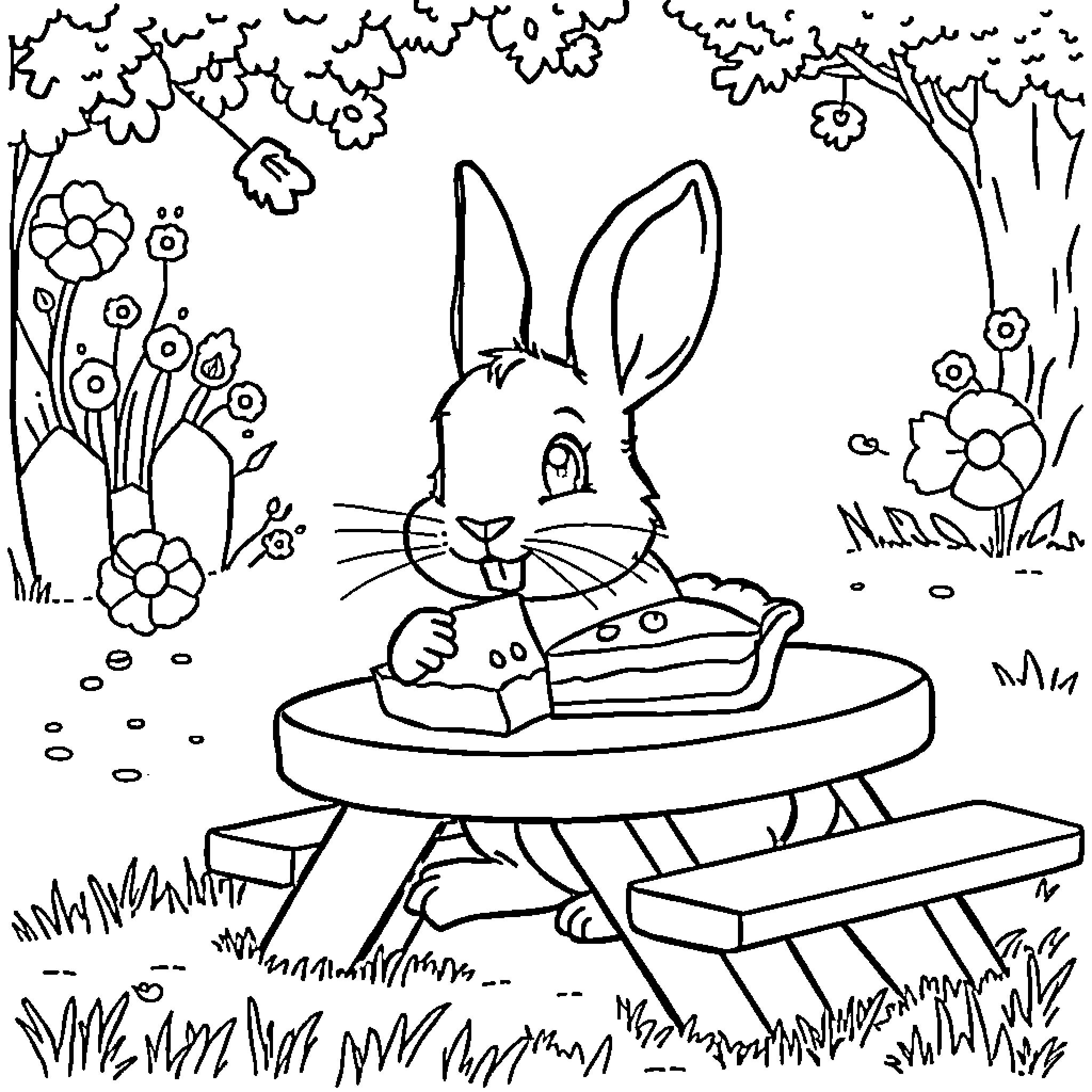 Rabbit enjoying picnic in the park Coloring Page (free black-and-white line drawing printable PDF for all, from beginners to advanced learners, including children, teens, adults, and seniors)