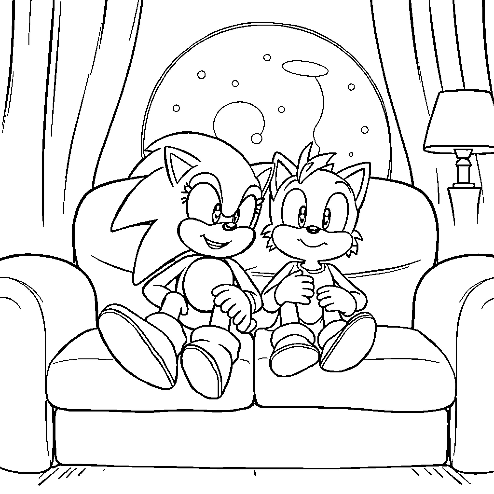 Sonic characters enjoying a cozy night in Coloring Page (free black-and-white line drawing printable PDF for all, from beginners to advanced learners, including children, teens, adults, and seniors)