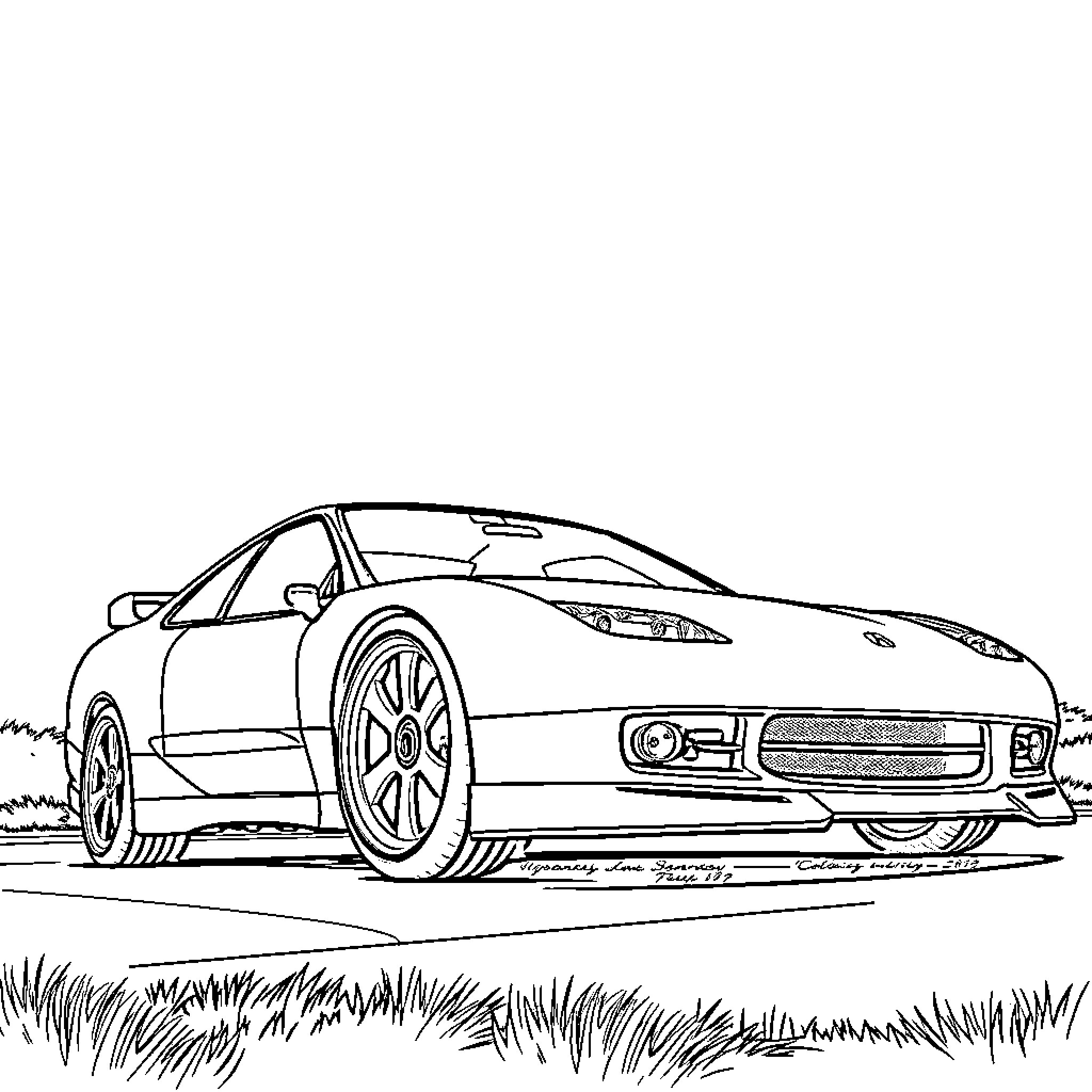 Acura sports car in a grassy field Coloring Page (free black-and-white line drawing printable PDF for all, from beginners to advanced learners, including children, teens, adults, and seniors)
