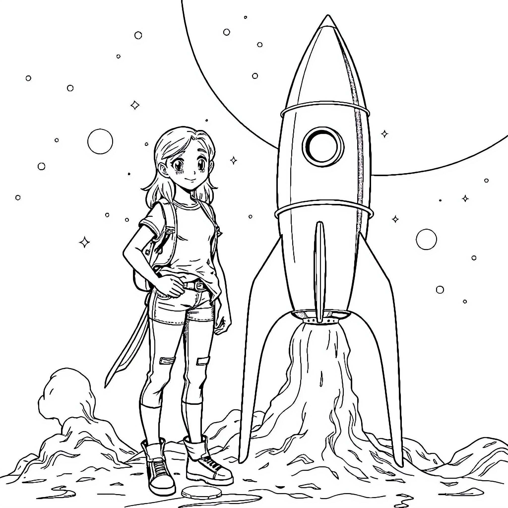 Teenage Girl Exploring Outer Space with Rocket Ship Coloring Page (free black-and-white line drawing printable PDF for all, from beginners to advanced learners, including children, teens, adults, and seniors)