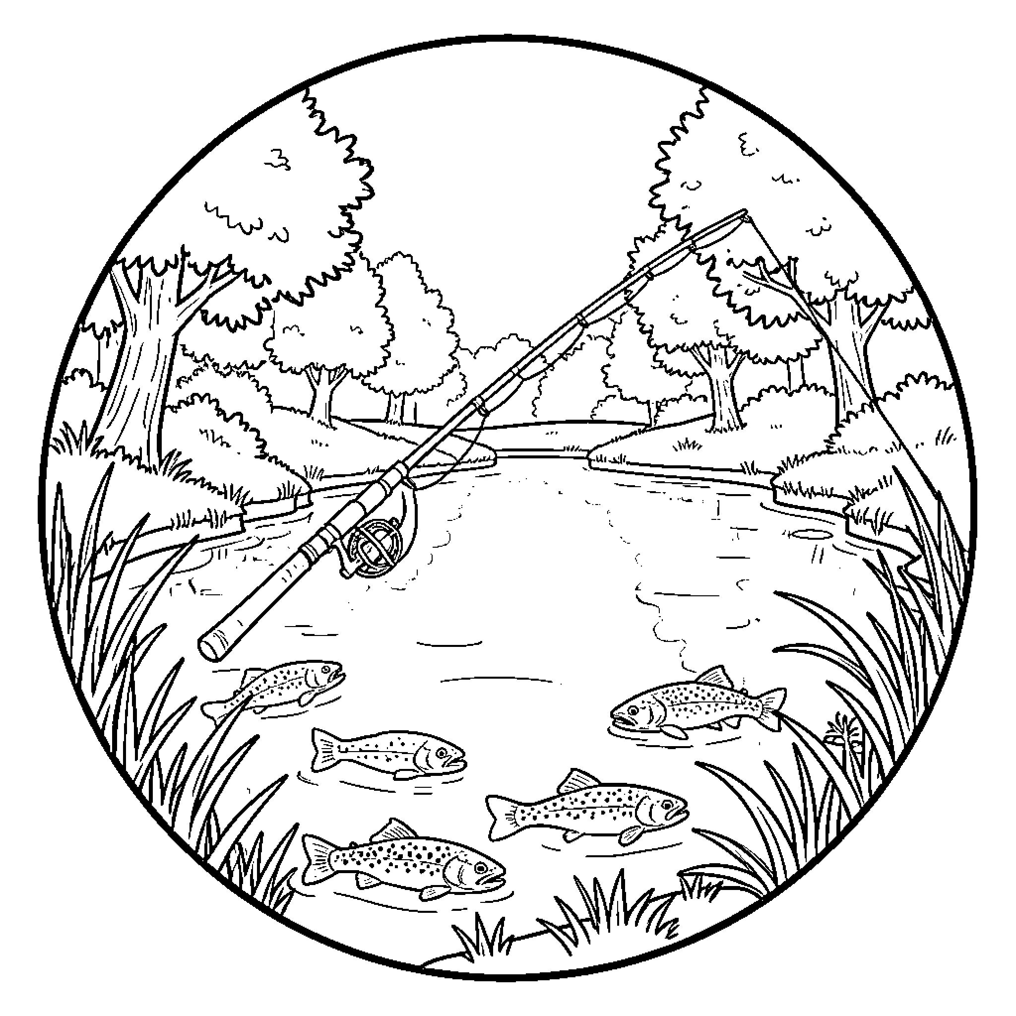 Trout fishing in tranquil river scene Coloring Page (free black-and-white line drawing printable PDF for all, from beginners to advanced learners, including children, teens, adults, and seniors)