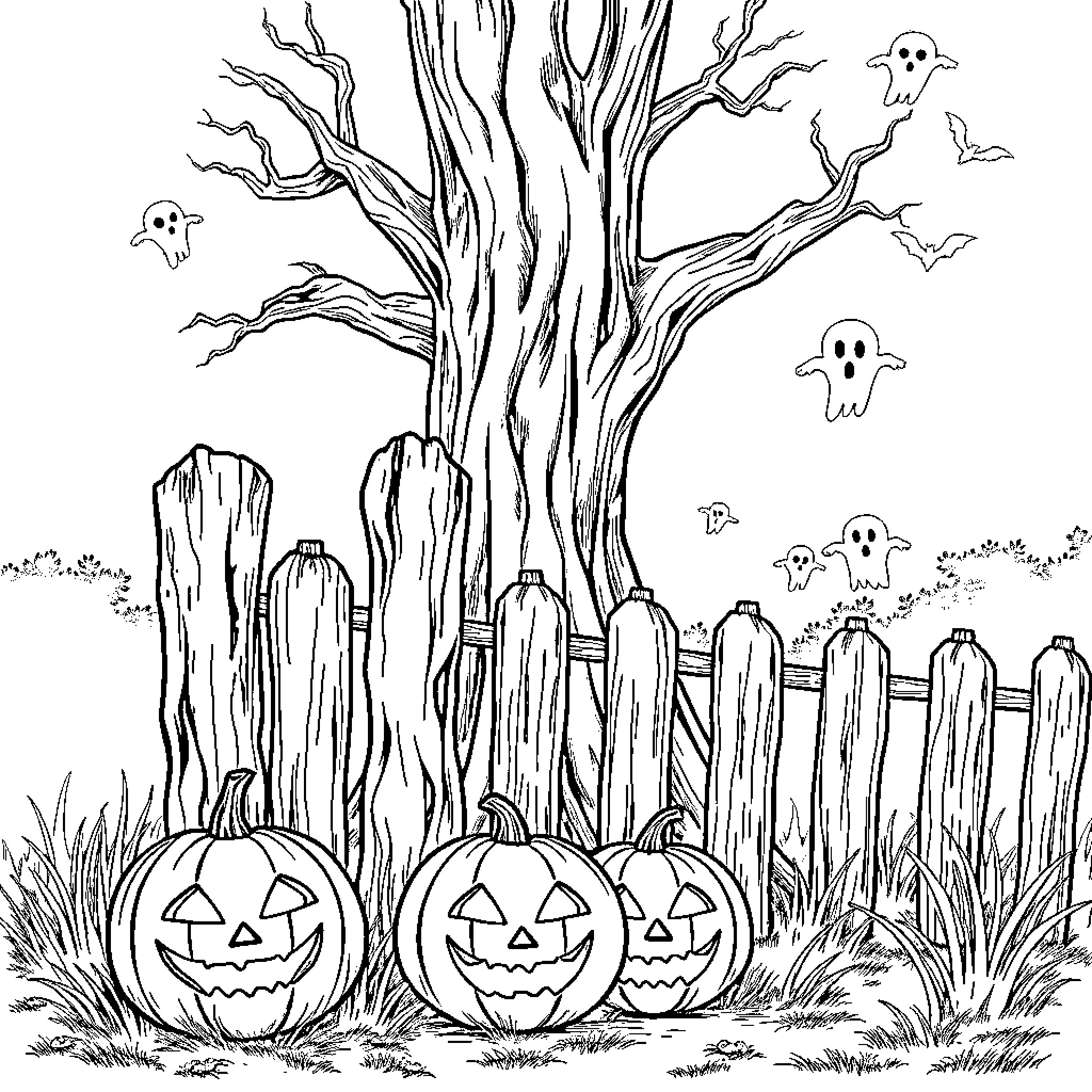 Jack-o'-lanterns in a spooky graveyard Coloring Page (free black-and-white line drawing printable PDF for all, from beginners to advanced learners, including children, teens, adults, and seniors)