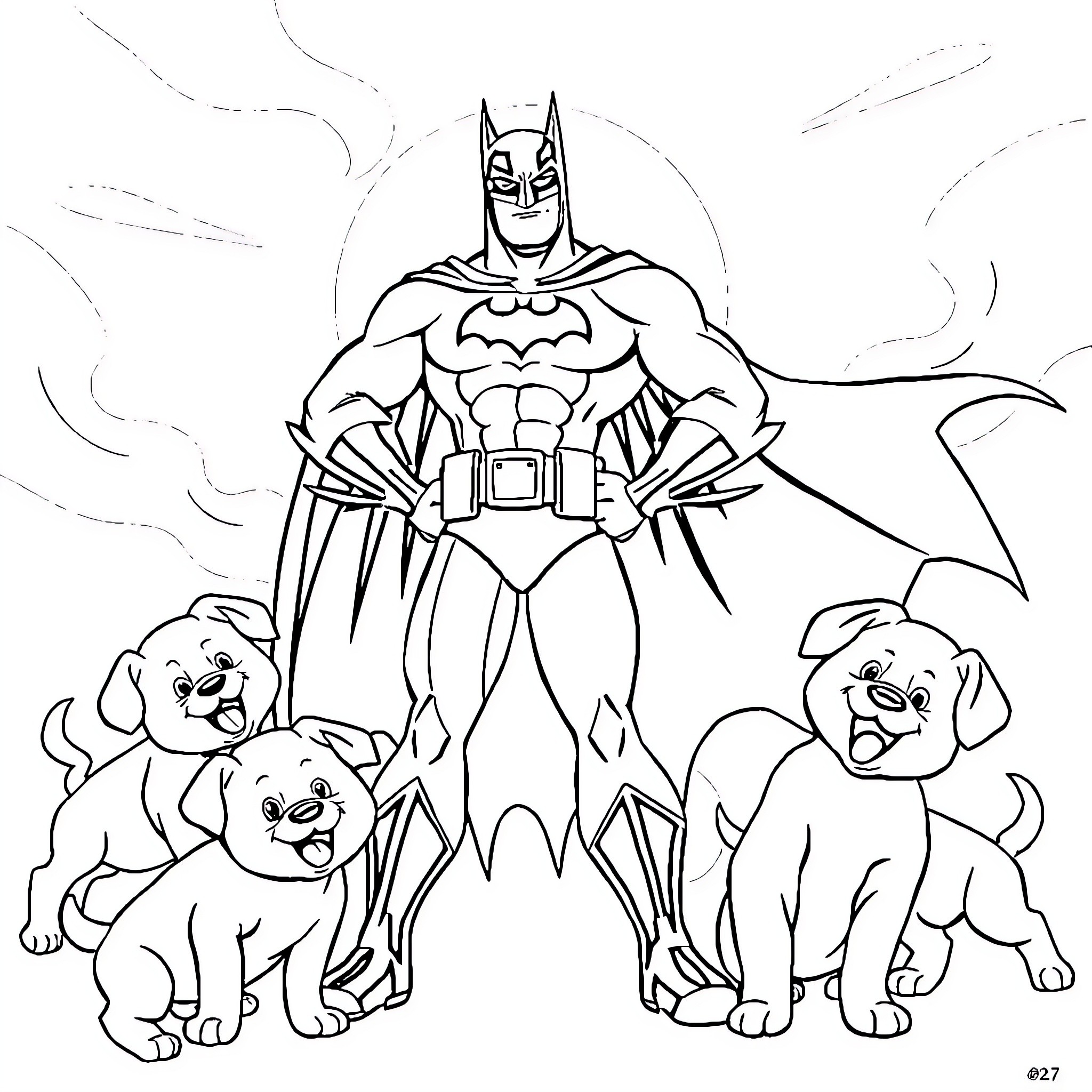 Batman Heroically Stands with Loyal Canine Companions Coloring Page (free black-and-white line drawing printable PDF for all, from beginners to advanced learners, including children, teens, adults, and seniors)