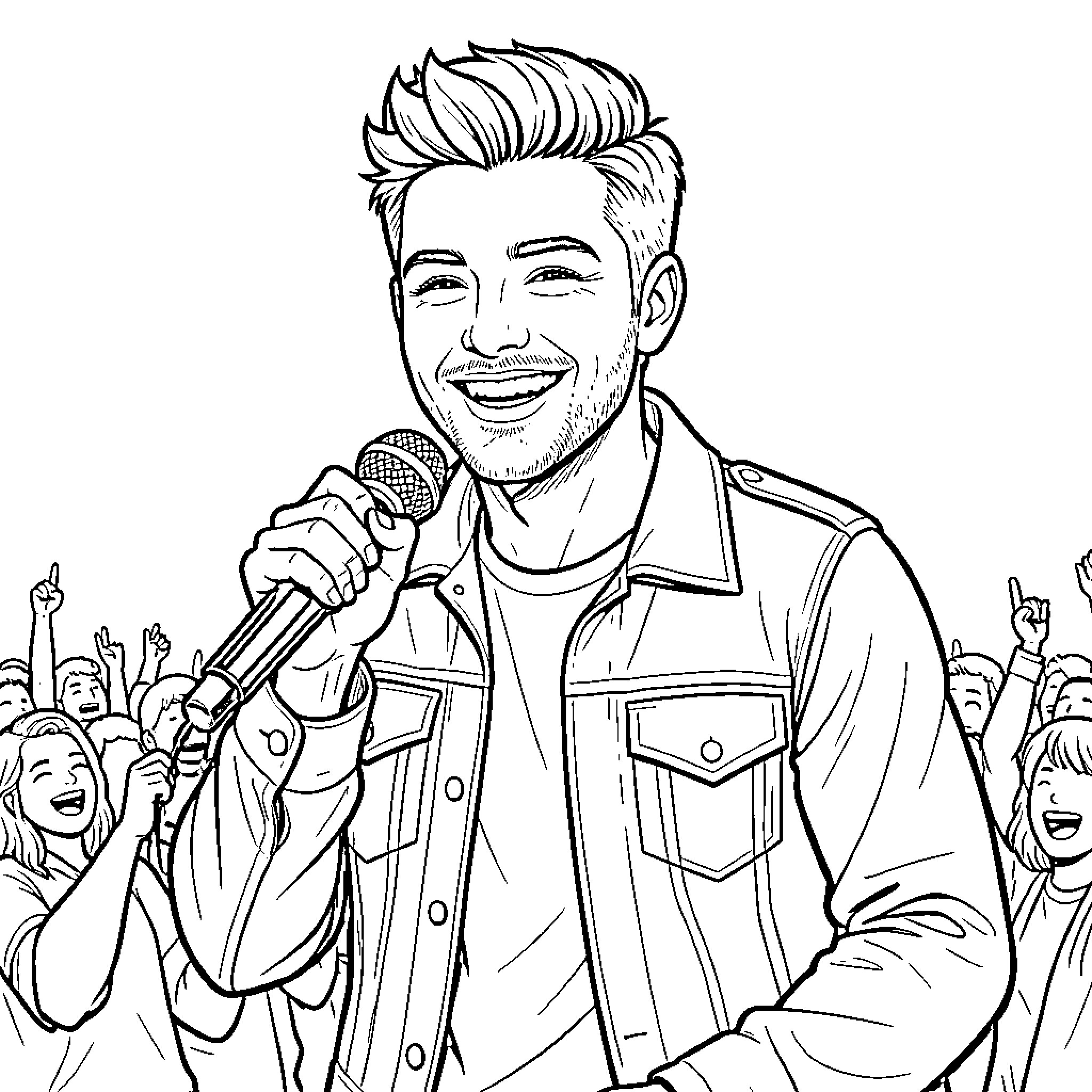 Nick Jonas performing on stage with a crowd Coloring Page (free black-and-white line drawing printable PDF for all, from beginners to advanced learners, including children, teens, adults, and seniors)