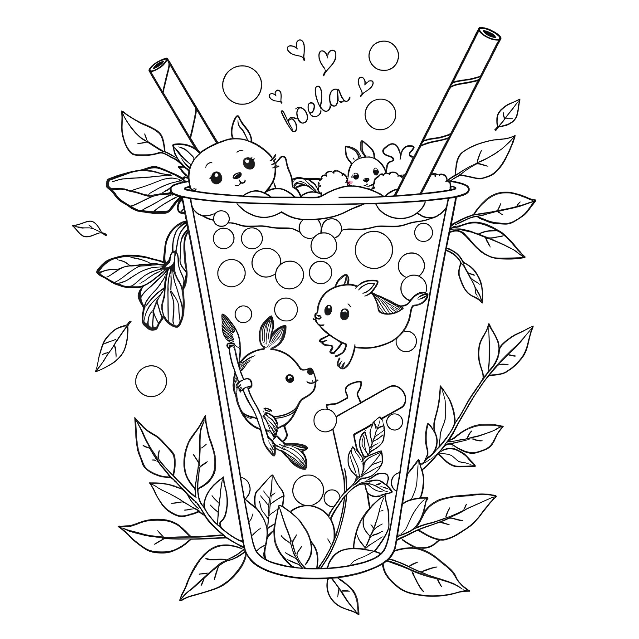 Animal friends playing happily in a glass cup Coloring Page (free black-and-white line drawing printable PDF for all, from beginners to advanced learners, including children, teens, adults, and seniors)