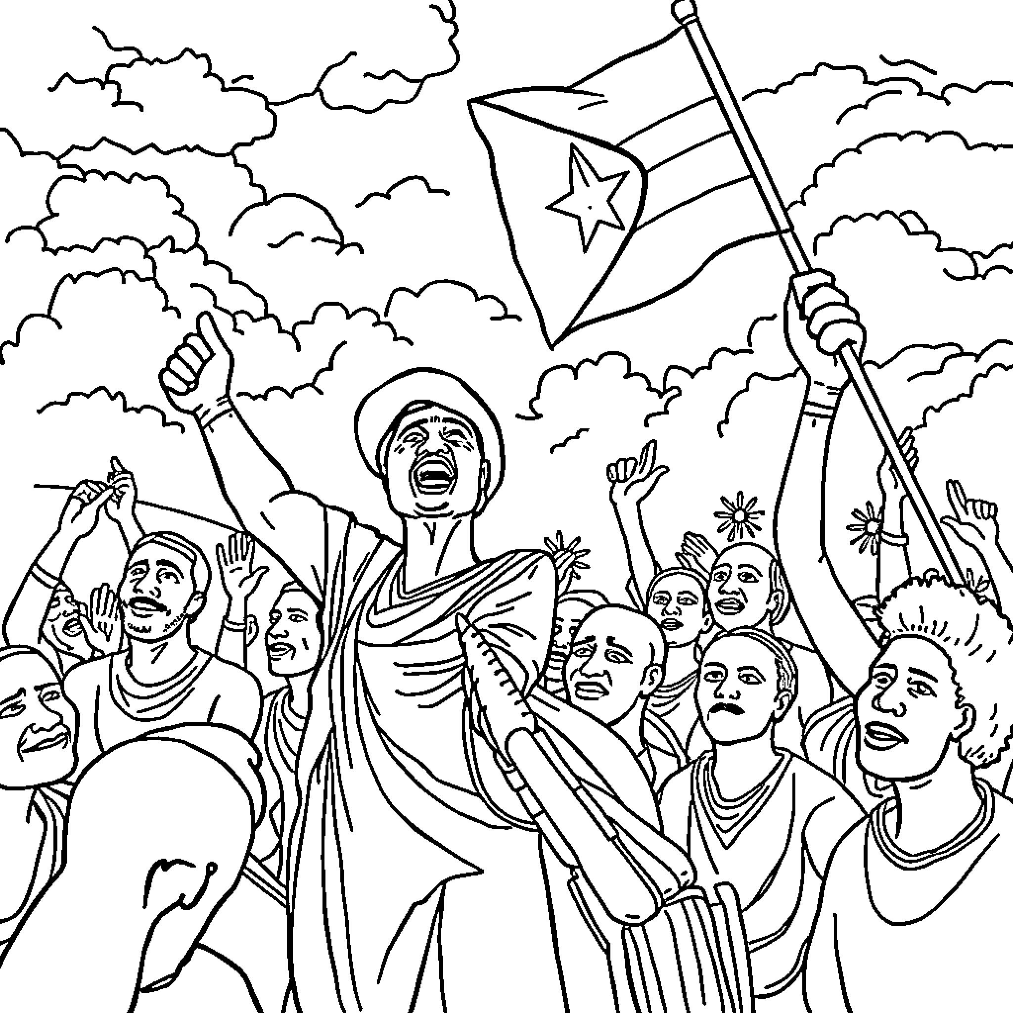 Samora Machel leading a crowd of supporters Coloring Page (free black-and-white line drawing printable PDF for all, from beginners to advanced learners, including children, teens, adults, and seniors)