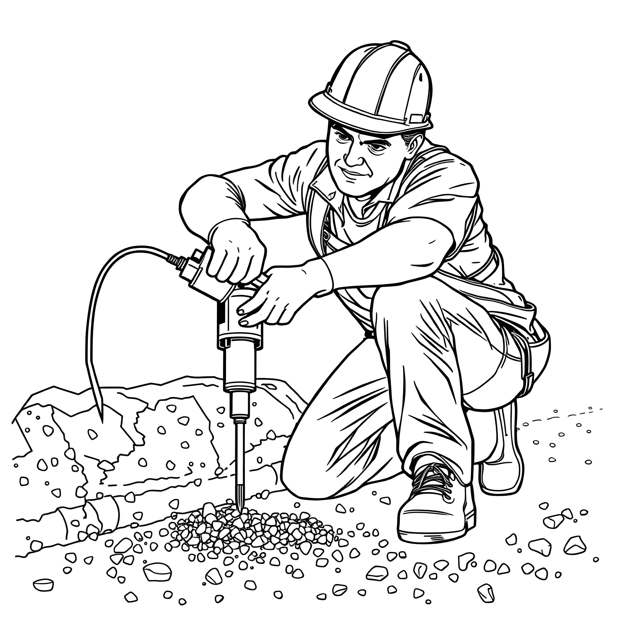 Worker drilling into the ground with tools Coloring Page (free black-and-white line drawing printable PDF for all, from beginners to advanced learners, including children, teens, adults, and seniors)