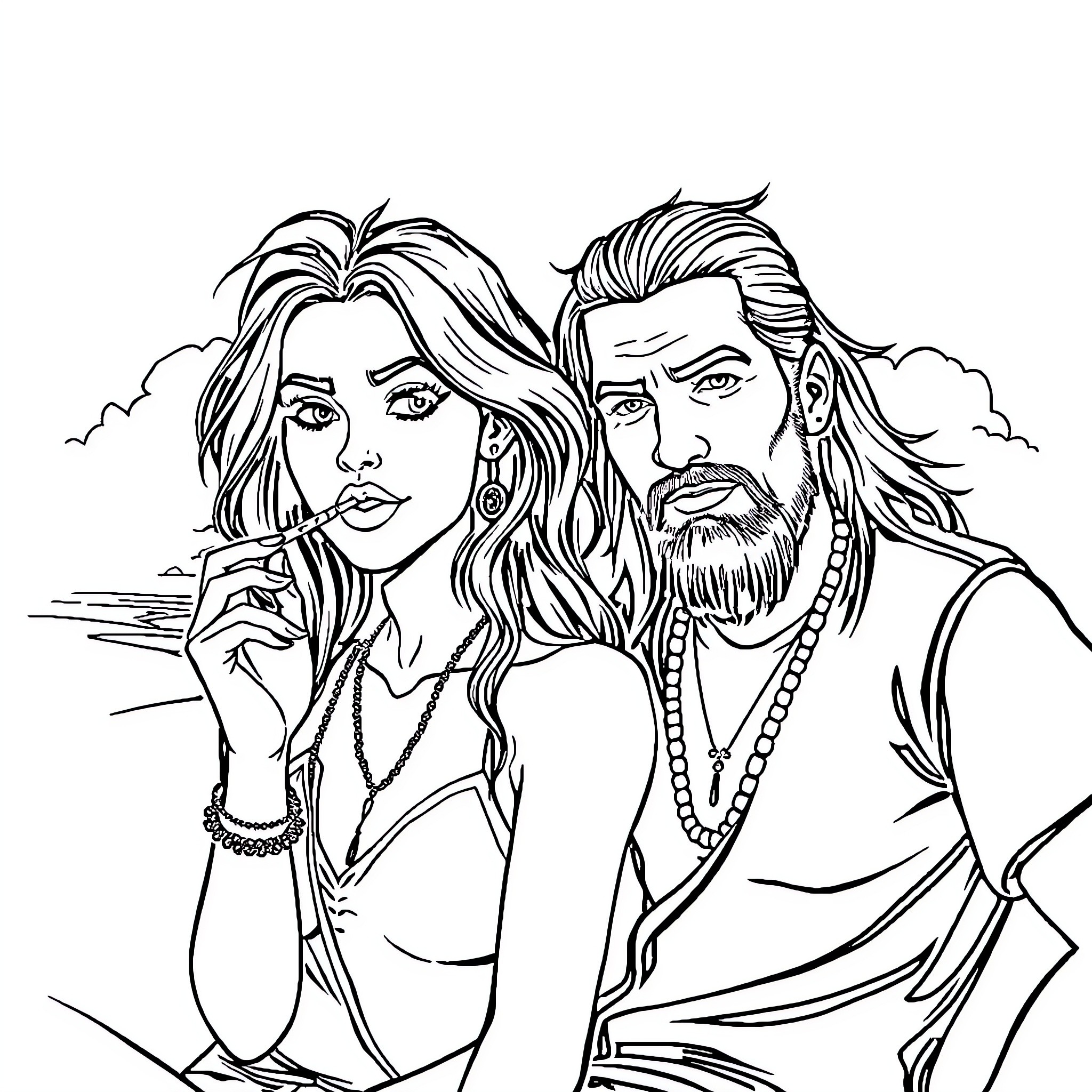 Hippie couple enjoying scenic views together Coloring Page (free black-and-white line drawing printable PDF for all, from beginners to advanced learners, including children, teens, adults, and seniors)