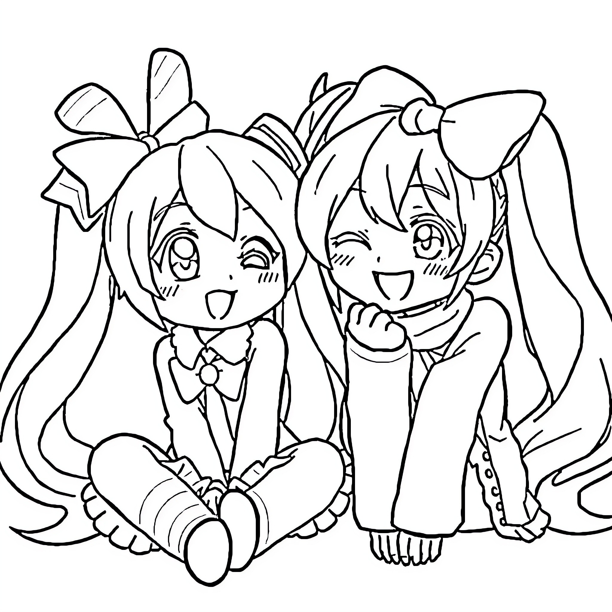 Cinnamonroll Cute Anime Girls in Playful Poses Coloring Page (free black-and-white line drawing printable PDF for all, from beginners to advanced learners, including children, teens, adults, and seniors)