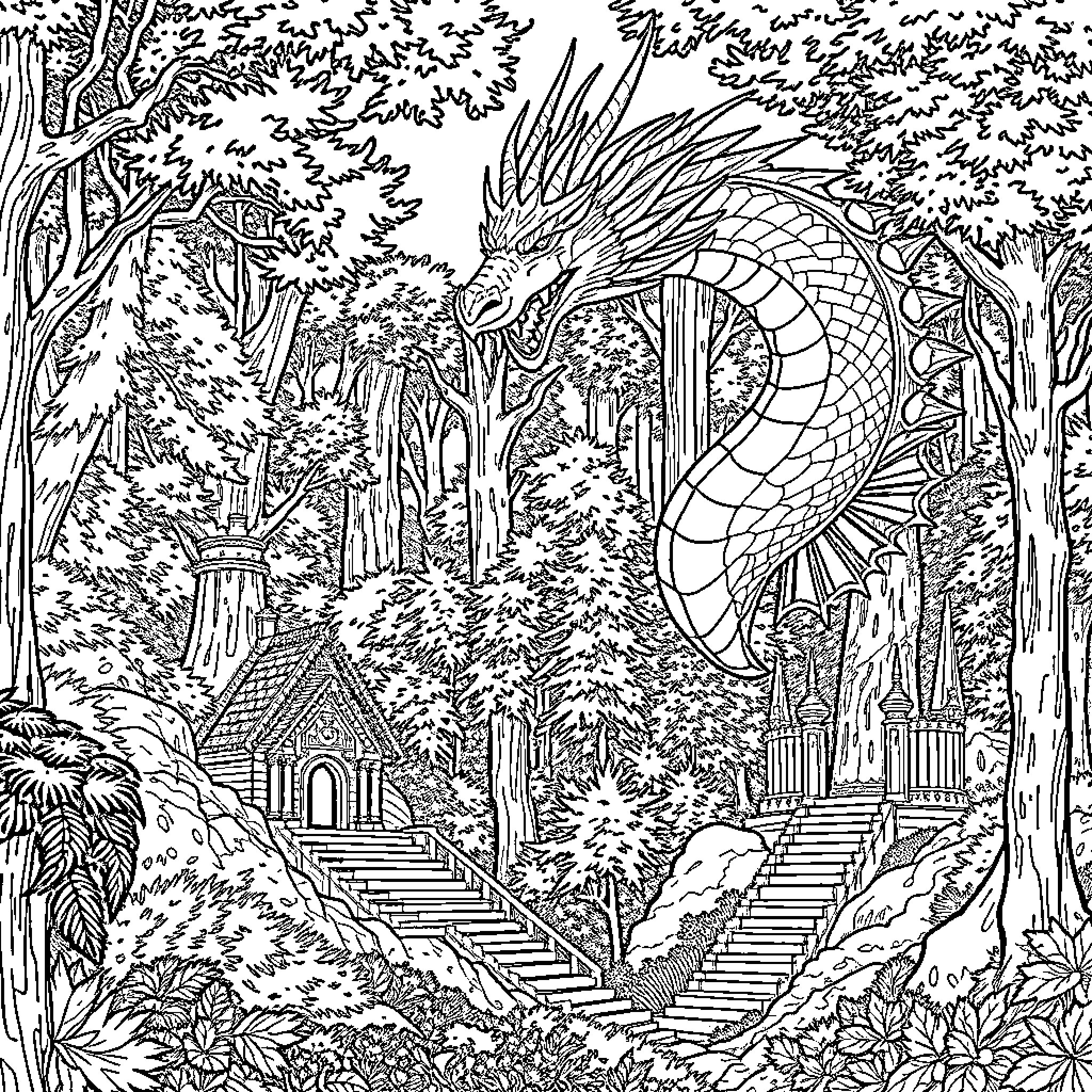 Dragon soaring above enchanted forest landscape Coloring Page (free black-and-white line drawing printable PDF for all, from beginners to advanced learners, including children, teens, adults, and seniors)