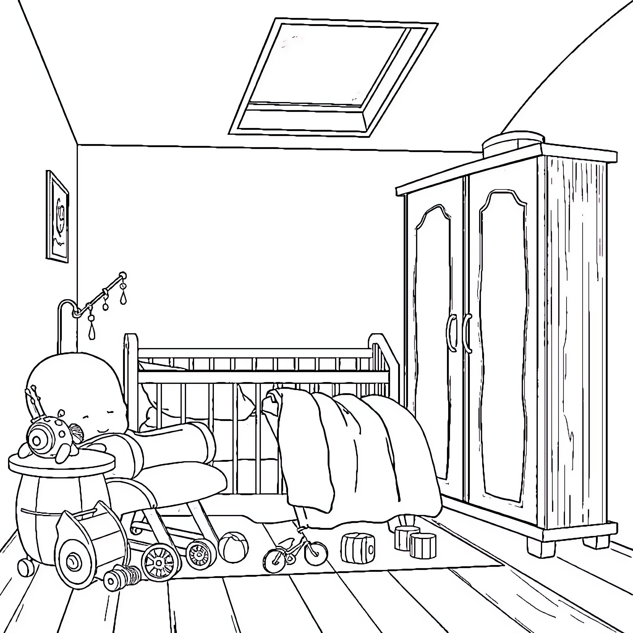 Child's cozy bedroom with toys and furniture Coloring Page (free black-and-white line drawing printable PDF for all, from beginners to advanced learners, including children, teens, adults, and seniors)