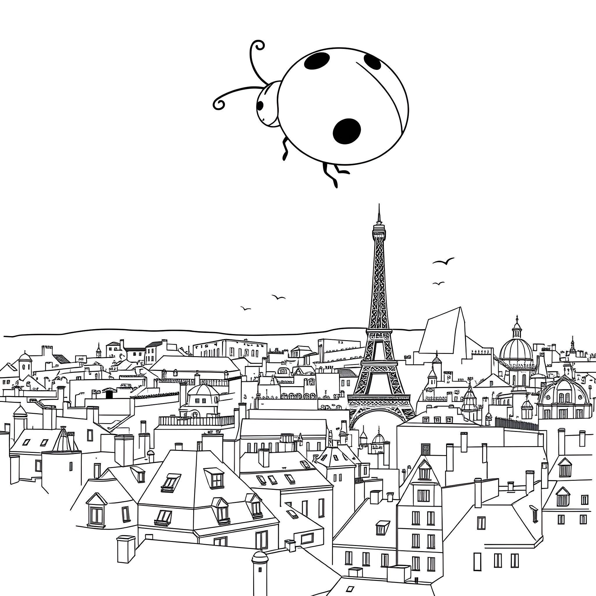 Ladybug exploring the city of Paris Coloring Page (free black-and-white line drawing printable PDF for all, from beginners to advanced learners, including children, teens, adults, and seniors)