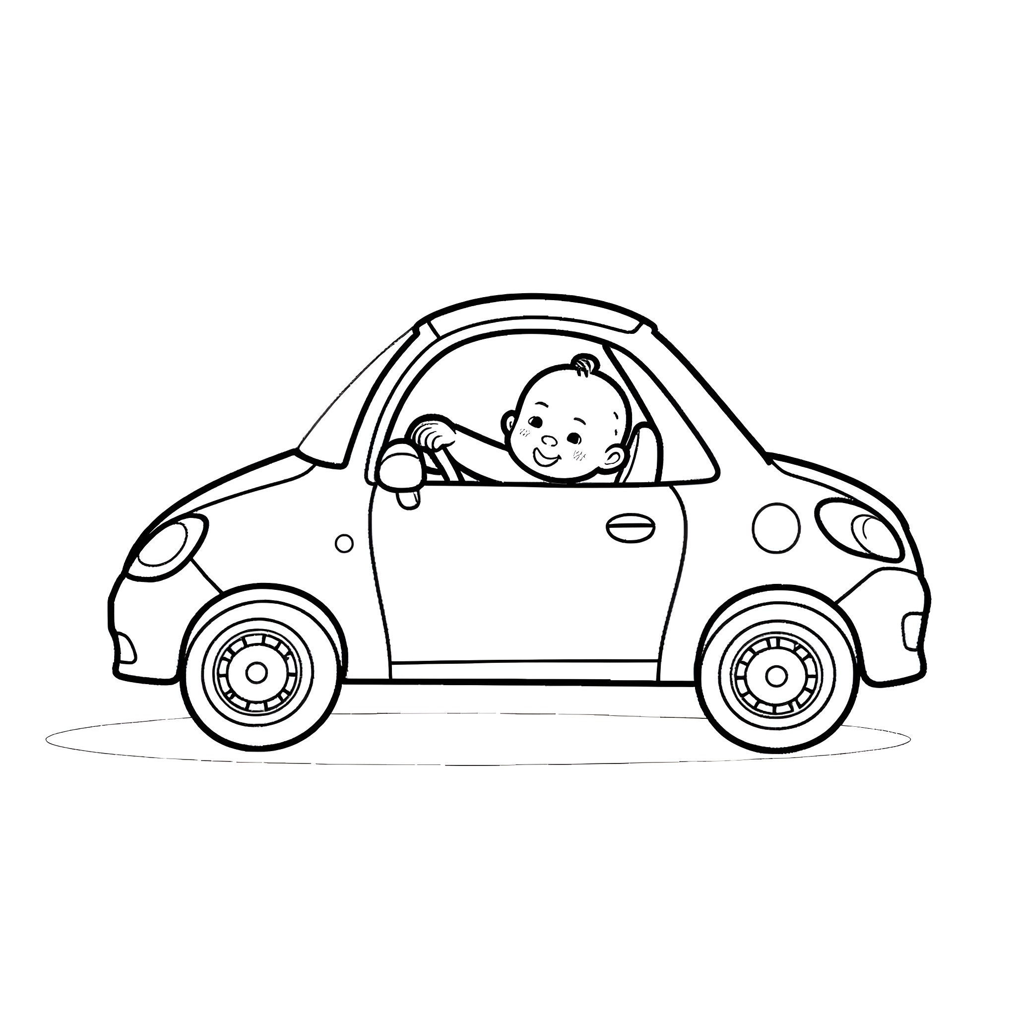 Baby driving a happy little car Coloring Page (free black-and-white line drawing printable PDF for all, from beginners to advanced learners, including children, teens, adults, and seniors)