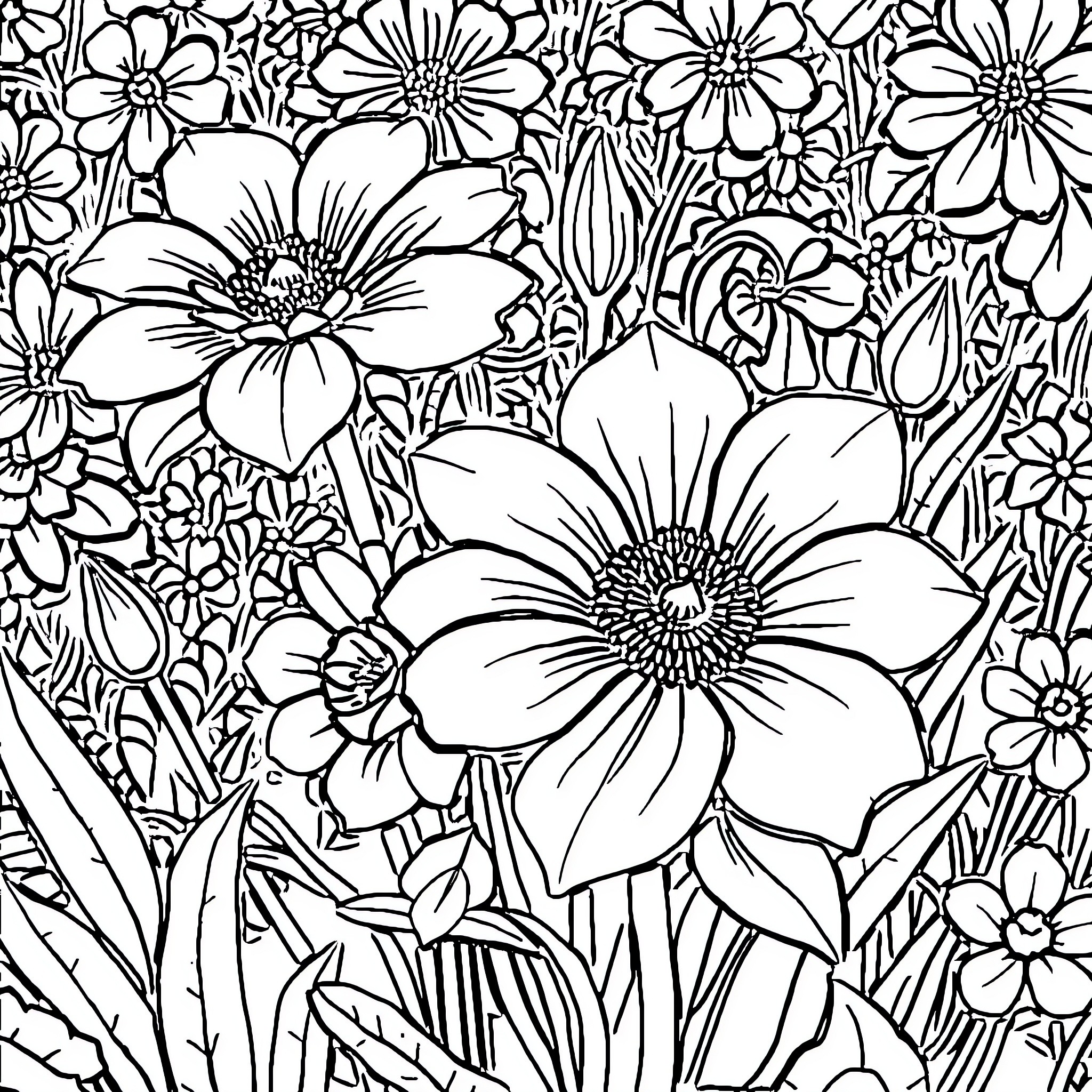 Flower garden with vibrant blooming flowers Coloring Page (free black-and-white line drawing printable PDF for all, from beginners to advanced learners, including children, teens, adults, and seniors)