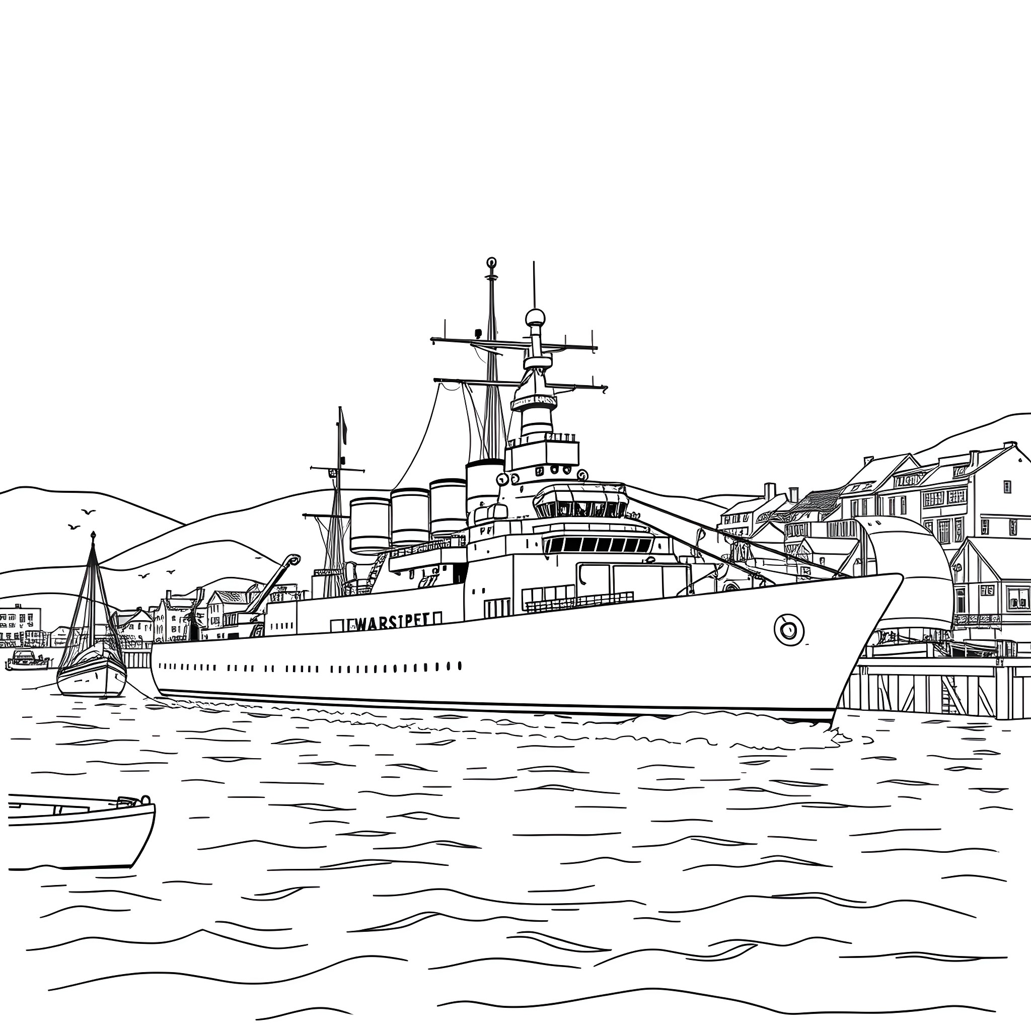 HMS Warspite in Wartime Waters Coloring Page (free black-and-white line drawing printable PDF for all, from beginners to advanced learners, including children, teens, adults, and seniors)