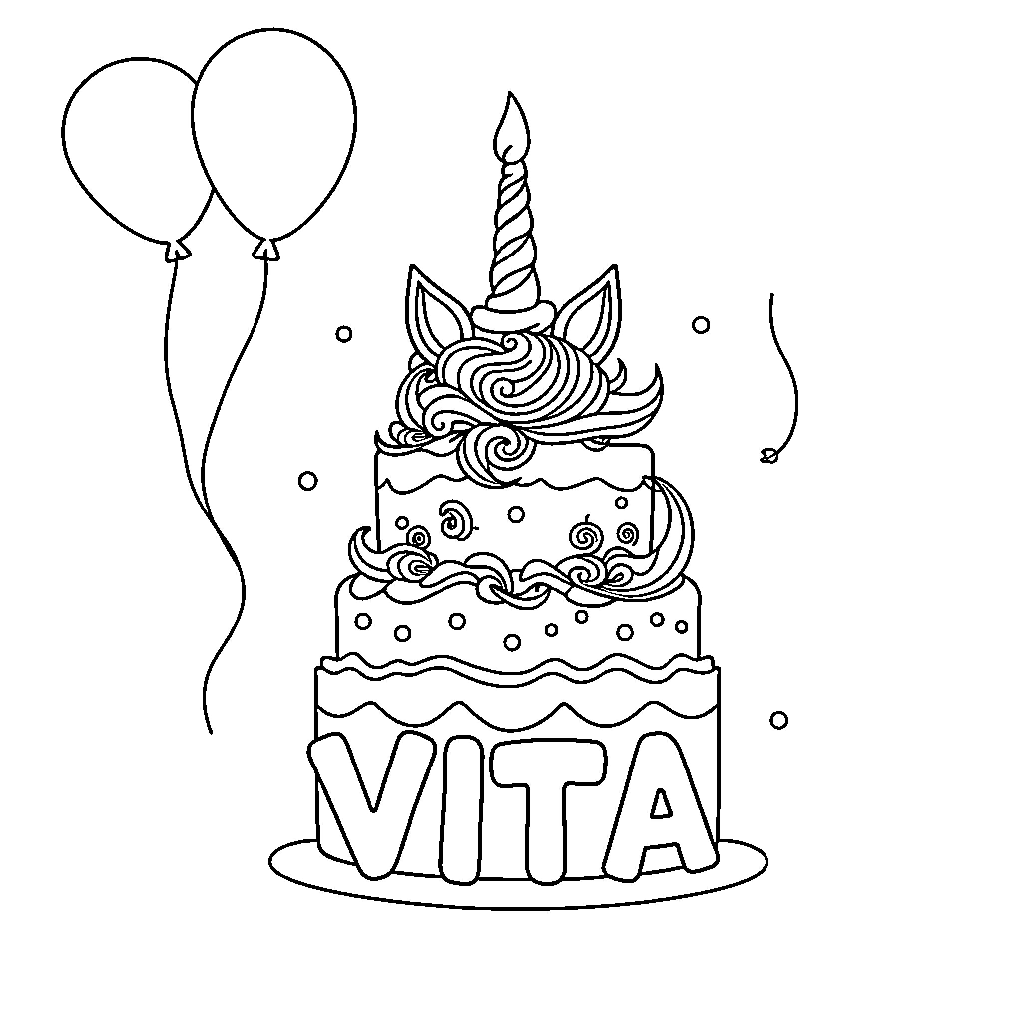 Unicorn-themed birthday cake with balloons Coloring Page (free black-and-white line drawing printable PDF for all, from beginners to advanced learners, including children, teens, adults, and seniors)