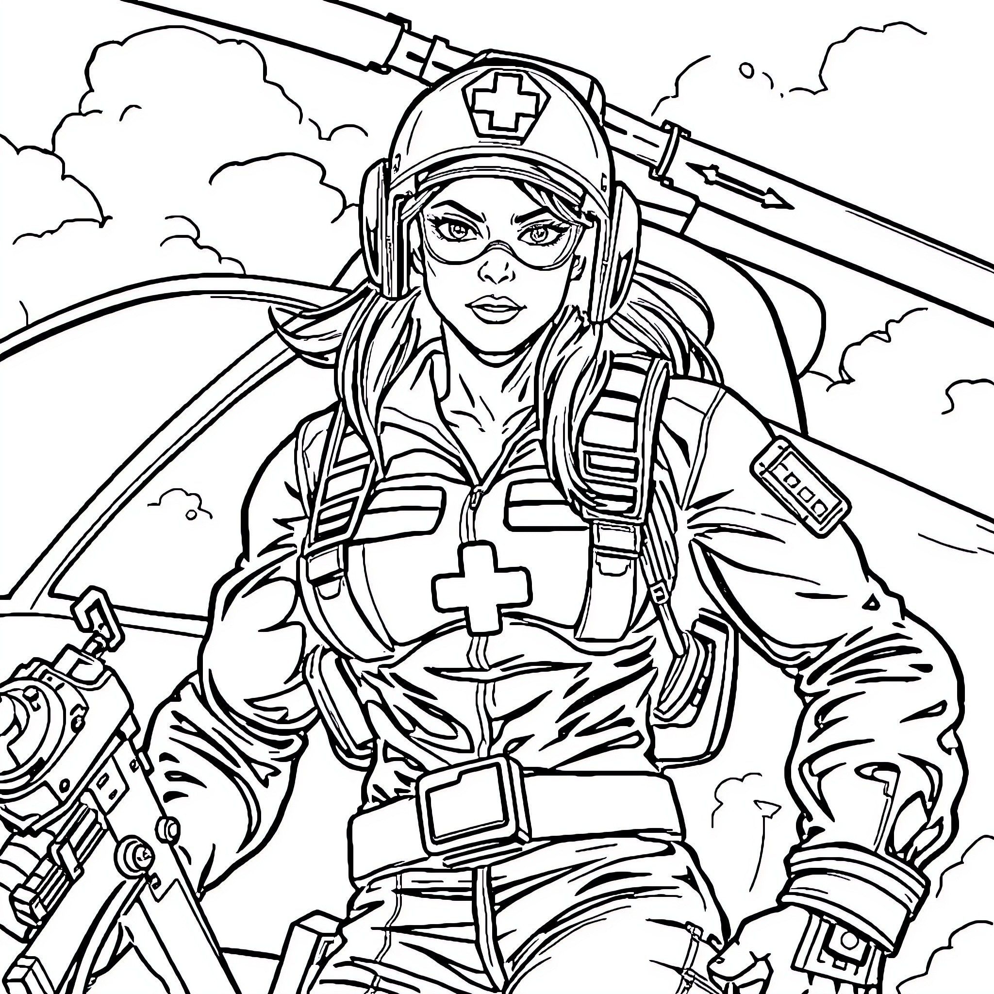 Helicopter Medic Saving Lives During Emergency Coloring Page (free black-and-white line drawing printable PDF for all, from beginners to advanced learners, including children, teens, adults, and seniors)