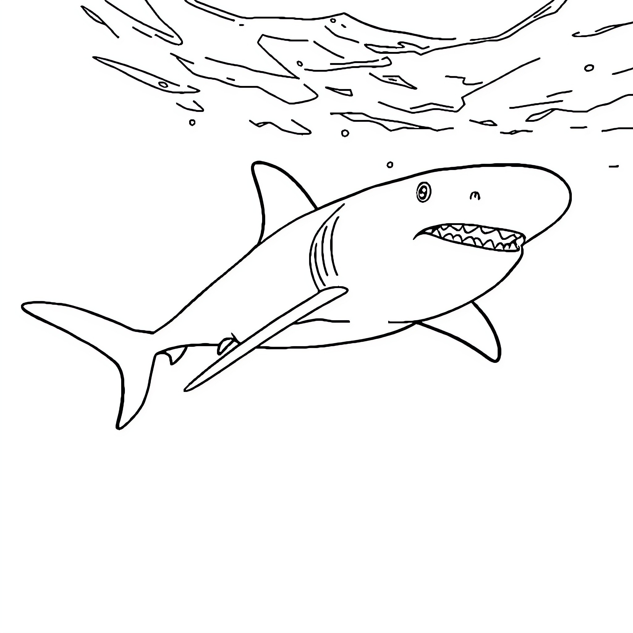 Shark swimming fiercely in the ocean Coloring Page (free black-and-white line drawing printable PDF for all, from beginners to advanced learners, including children, teens, adults, and seniors)