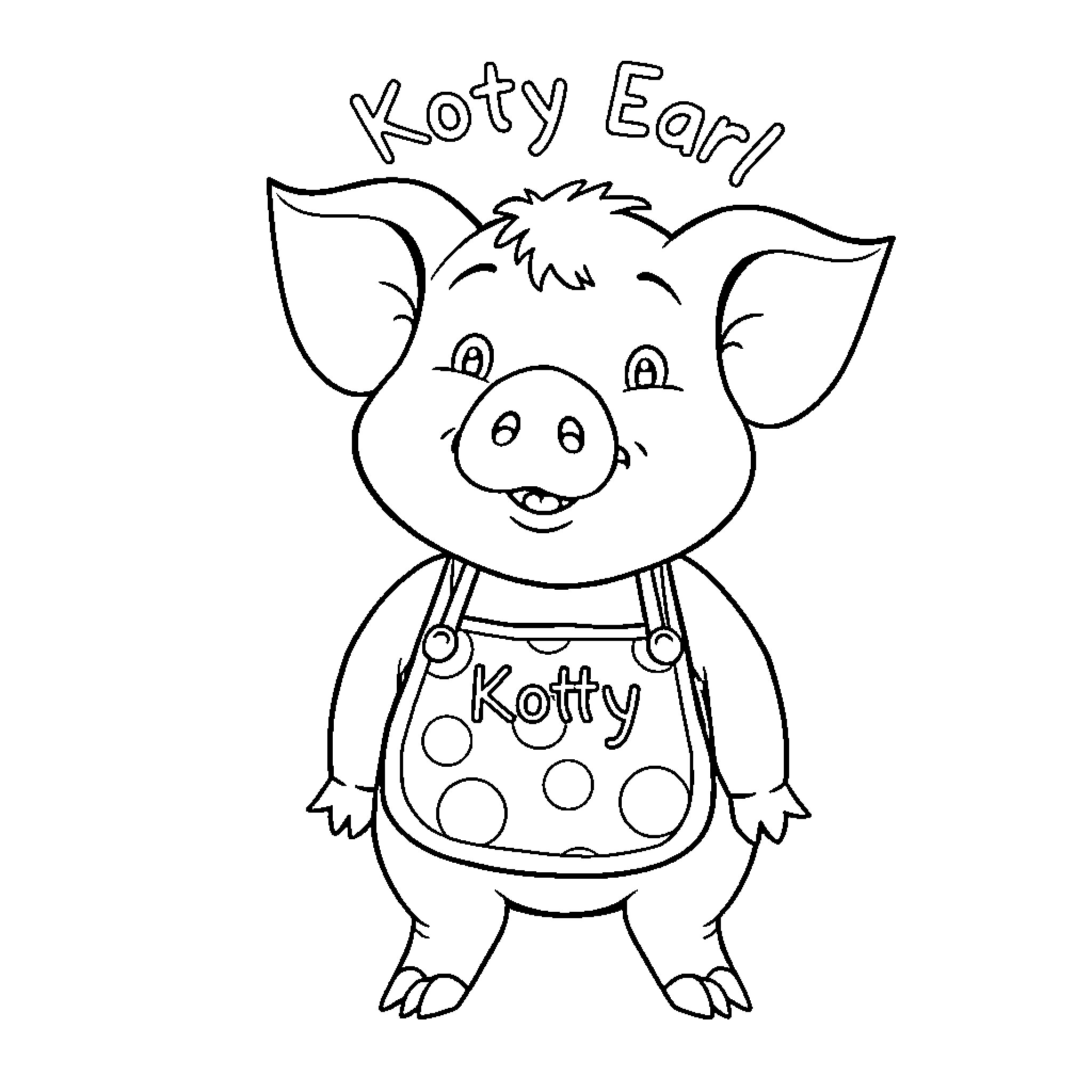 Pig wearing overalls with Koty written on them Coloring Page (free black-and-white line drawing printable PDF for all, from beginners to advanced learners, including children, teens, adults, and seniors)