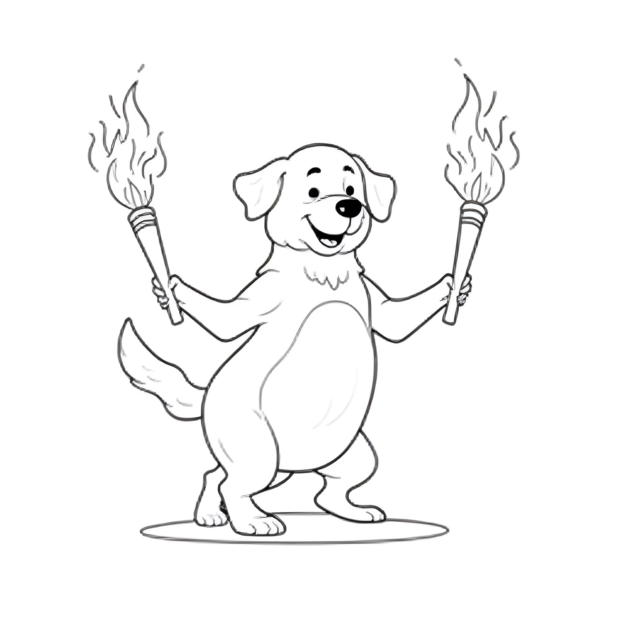Dog Celebrating with Tiki Torches Coloring Page (free black-and-white line drawing printable PDF for all, from beginners to advanced learners, including children, teens, adults, and seniors)