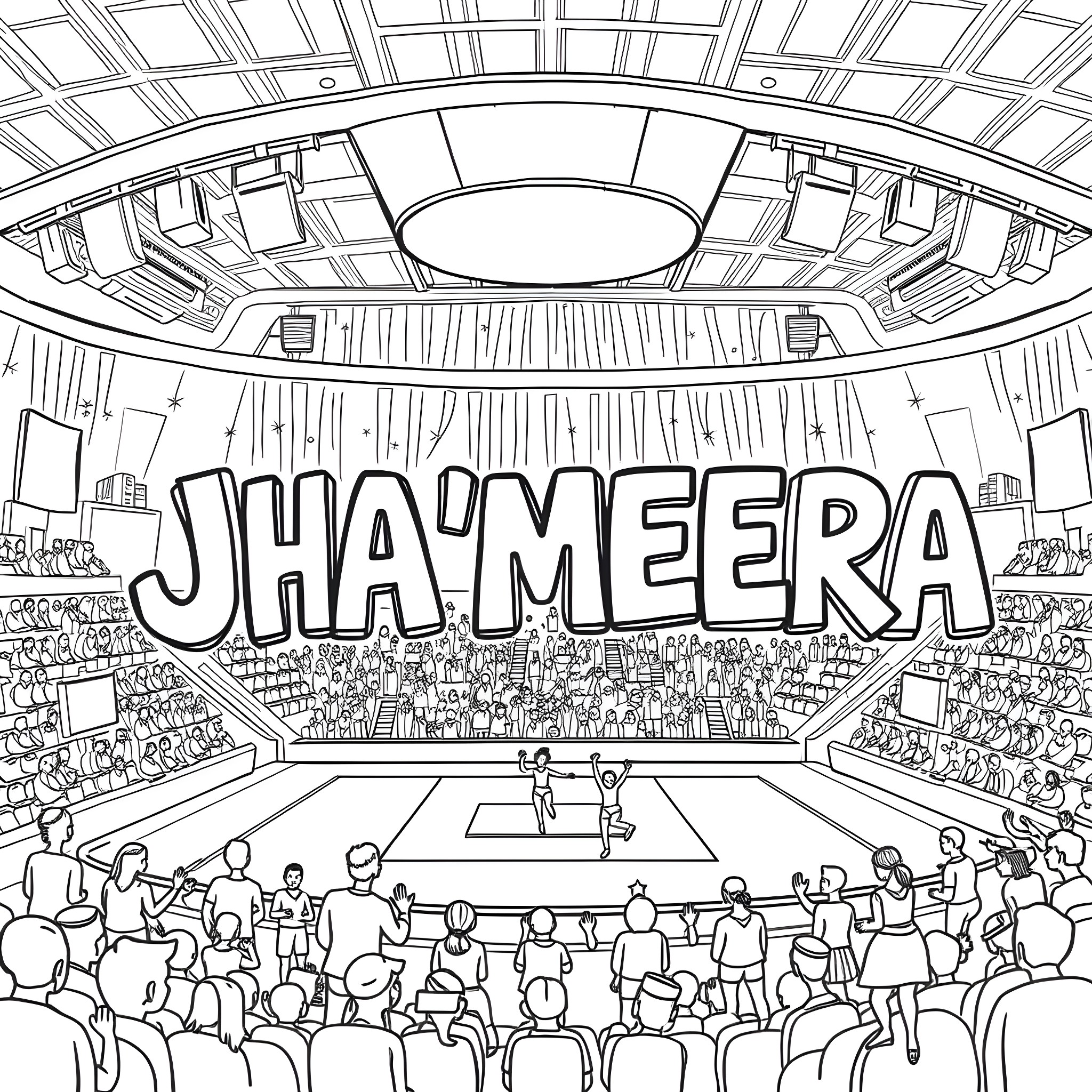 Jha'Meera in grand arena spectacle Coloring Page (free black-and-white line drawing printable PDF for all, from beginners to advanced learners, including children, teens, adults, and seniors)