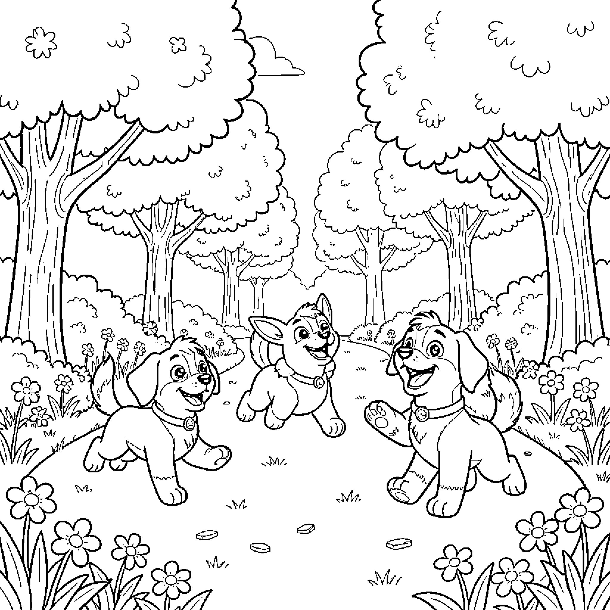 Paw Patrol pups playing happily in the forest Coloring Page (free black-and-white line drawing printable PDF for all, from beginners to advanced learners, including children, teens, adults, and seniors)