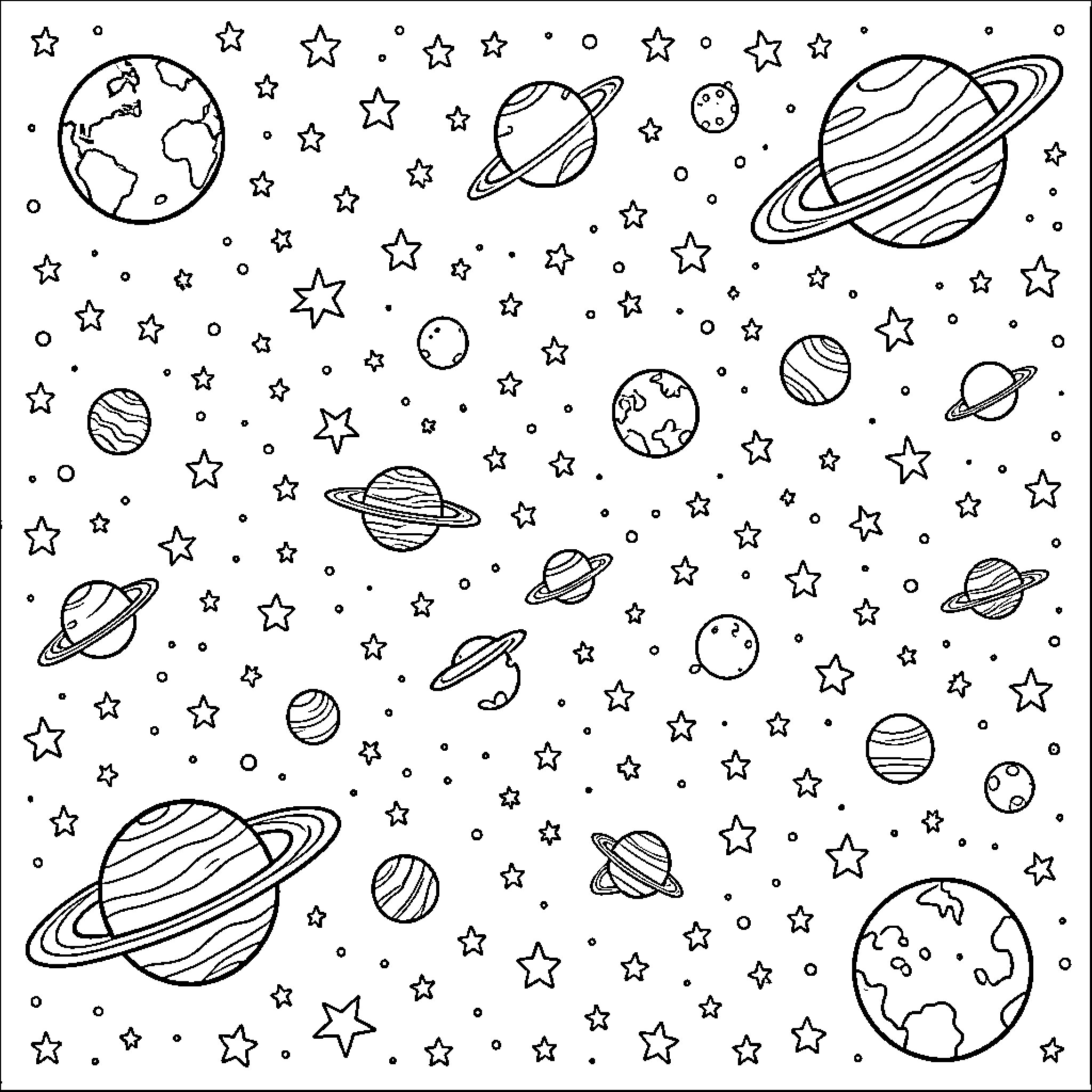 Space exploration featuring various planets and stars Coloring Page (free black-and-white line drawing printable PDF for all, from beginners to advanced learners, including children, teens, adults, and seniors)